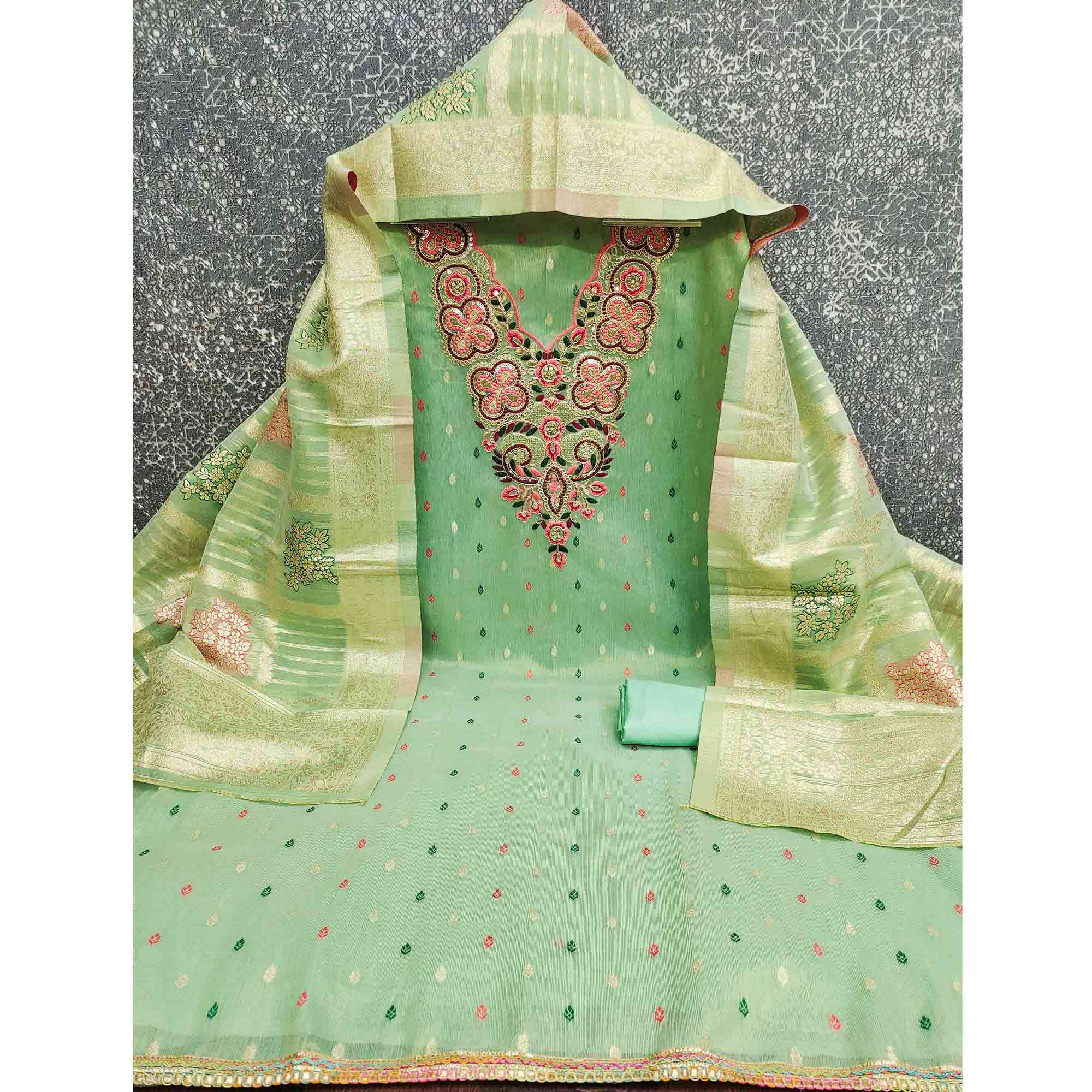 Stylish Sea Green Floral Cording Embroidered Shimmer Dress Material Enhanced With Butti Weaving