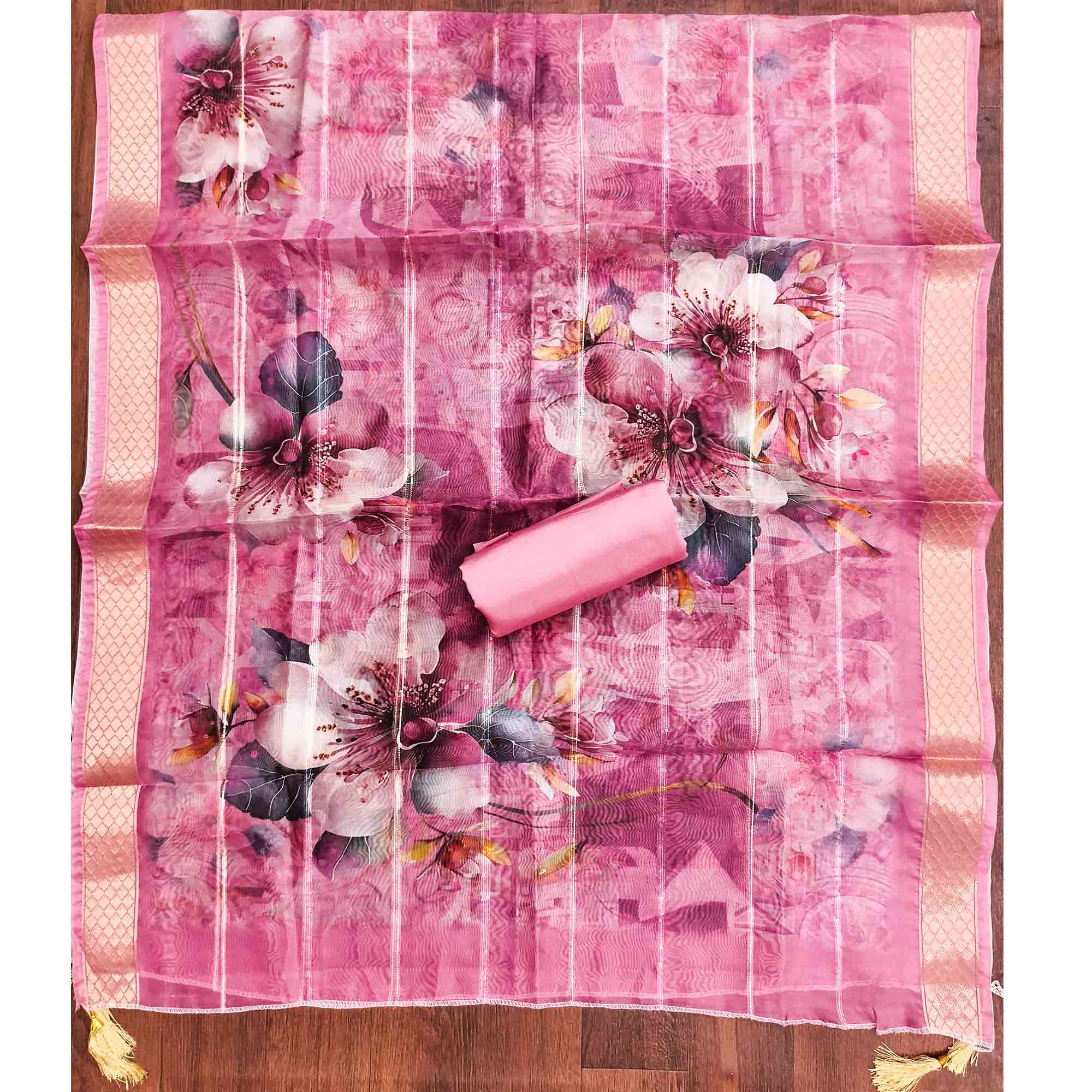 Majestic Pink Bloom Floral Thread & Sequins Embroidered Roman Cotton Silk Dress Material