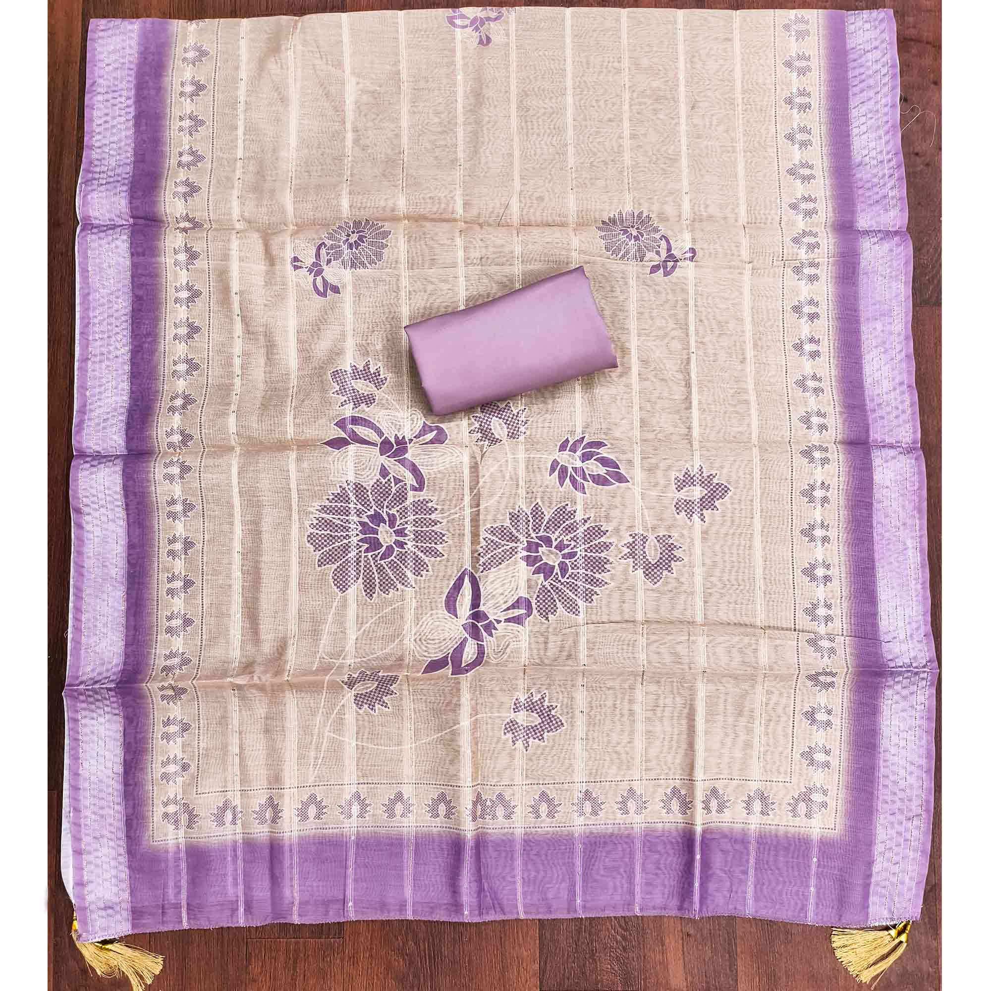 Sophisticated Lavender Floral Embroidered Roman Cotton Silk Dress Material With Shimmering Sequins