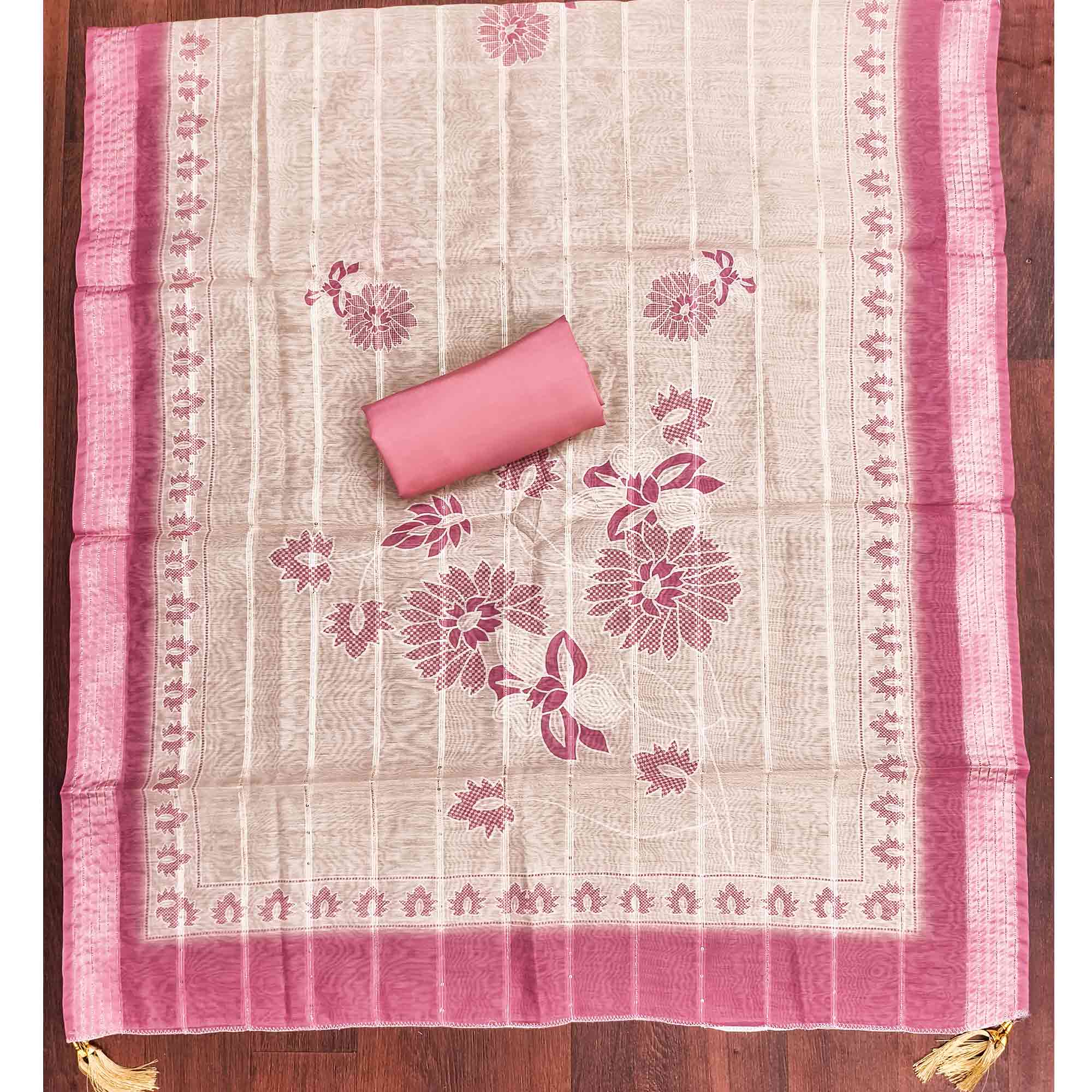 Sophisticated Pink Floral Embroidered Roman Cotton Silk Dress Material With Shimmering Sequins