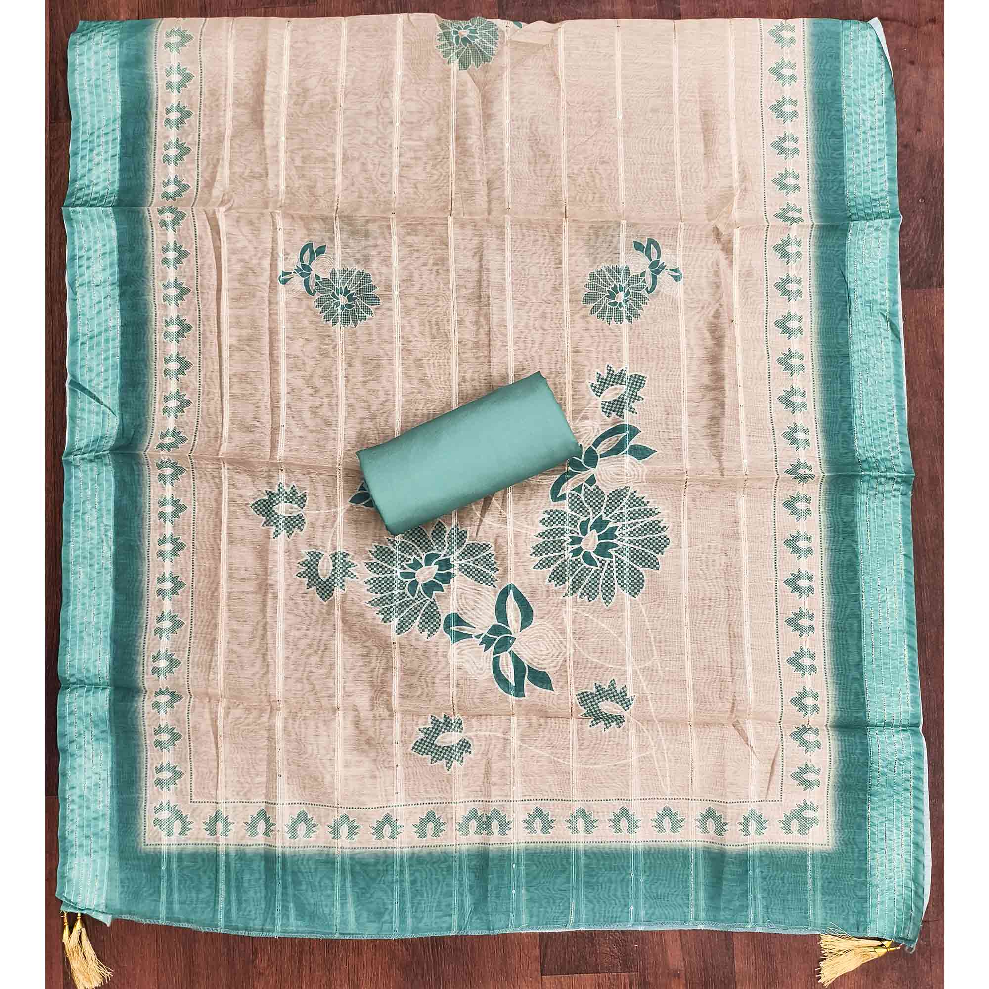 Sophisticated Turquoise Floral Embroidered Roman Cotton Silk Dress Material With Shimmering Sequins