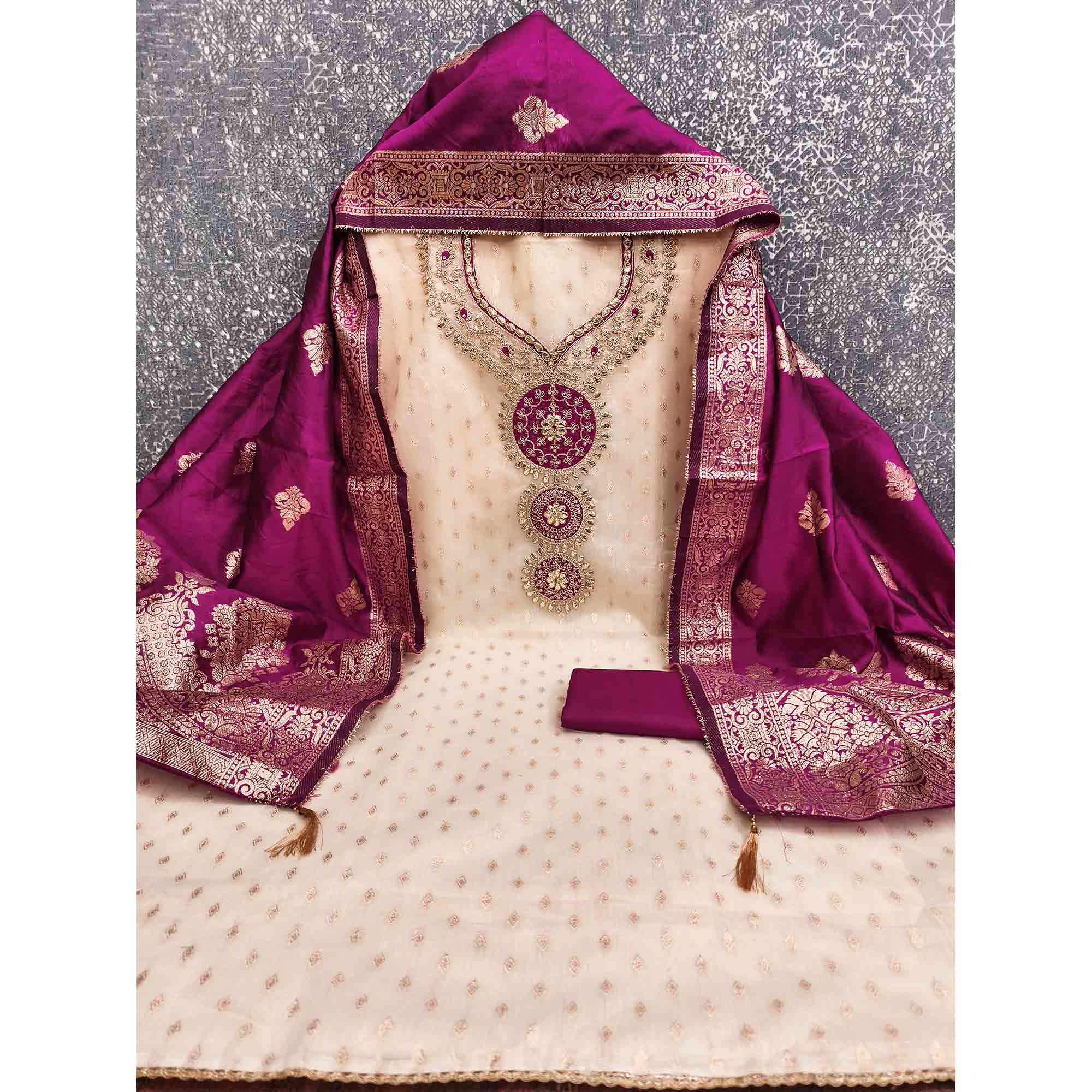 Cream & Wine Shimmer Dress Material Featuring Intricate Zari Weaving With Cording Embroidery