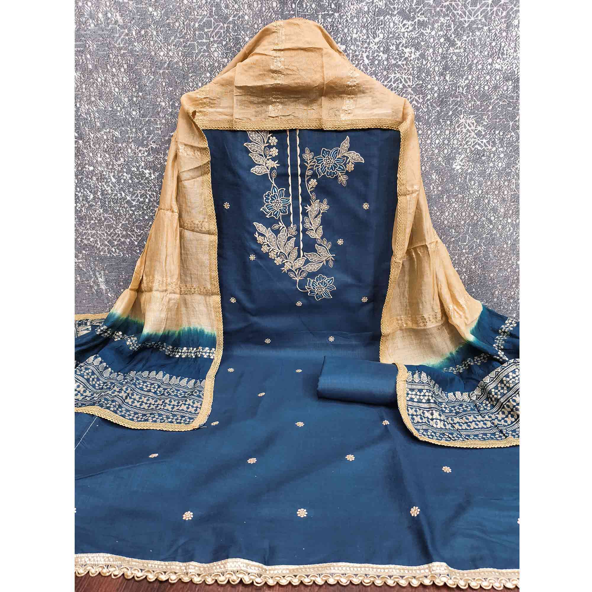 Blue Cotton Blend Dress Material Adorned With Elegant Floral Embroidery & Sequins Detailing