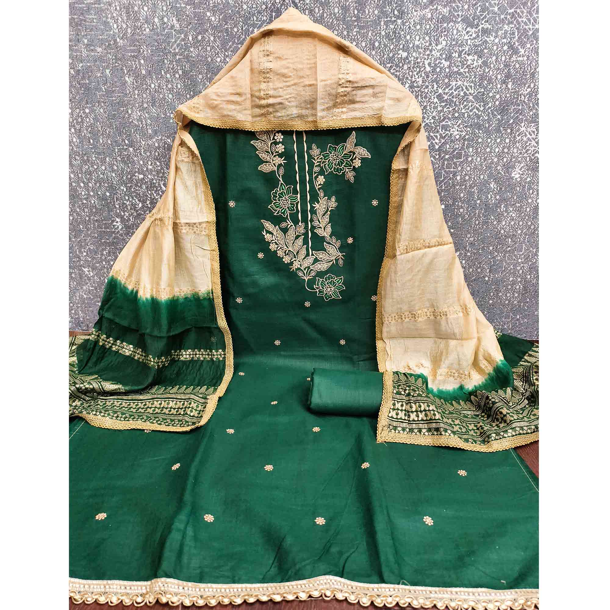 Green Cotton Blend Dress Material Adorned With Elegant Floral Embroidery & Sequins Detailing