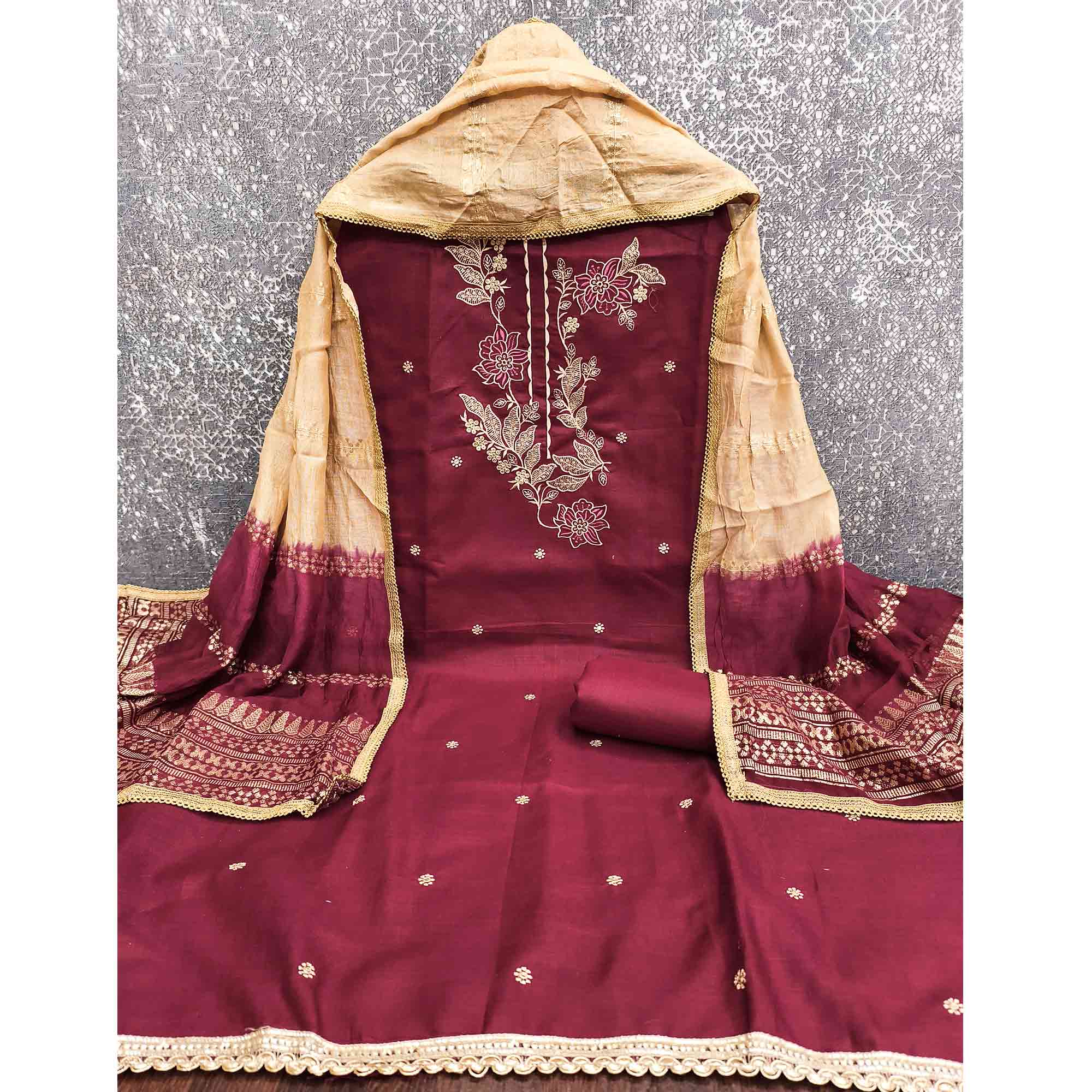 Maroon Cotton Blend Dress Material Adorned With Elegant Floral Embroidery & Sequins Detailing