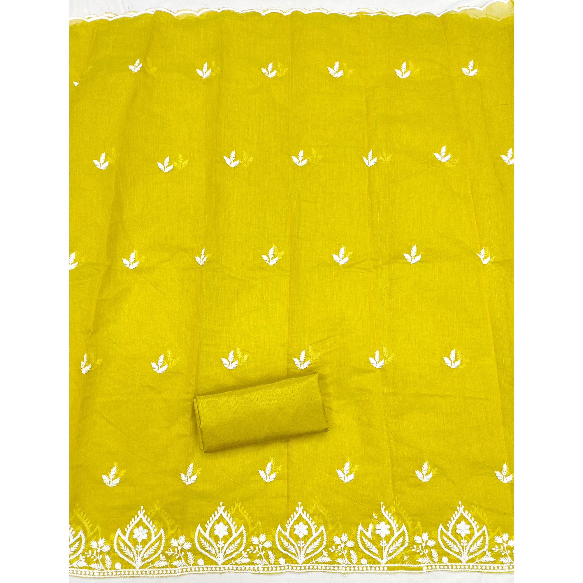 Designer Lemon Yellow Floral Thread Embroidered Chanderi Cotton Dress Material