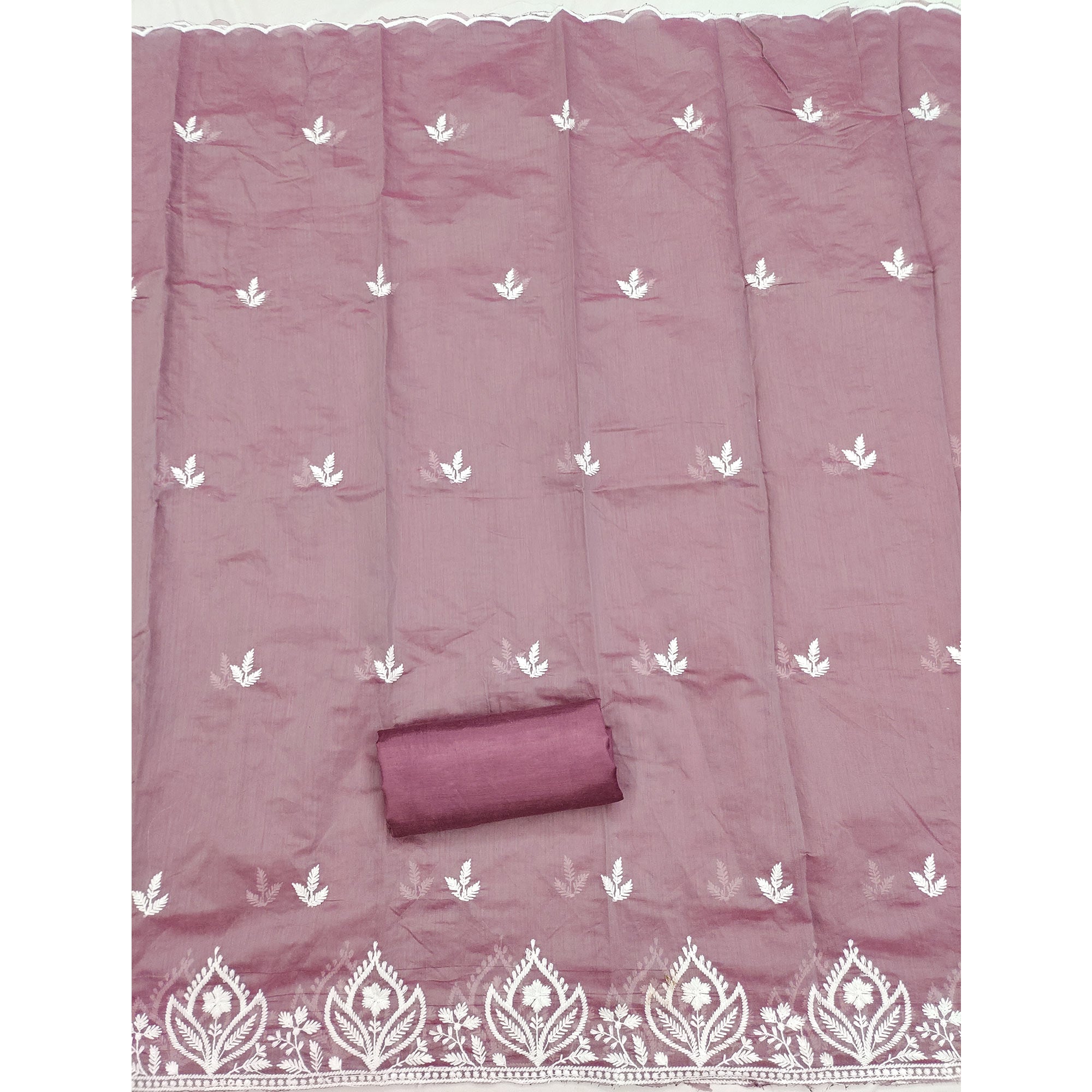 Designer Mauve Floral Thread Embroidered Chanderi Cotton Dress Material