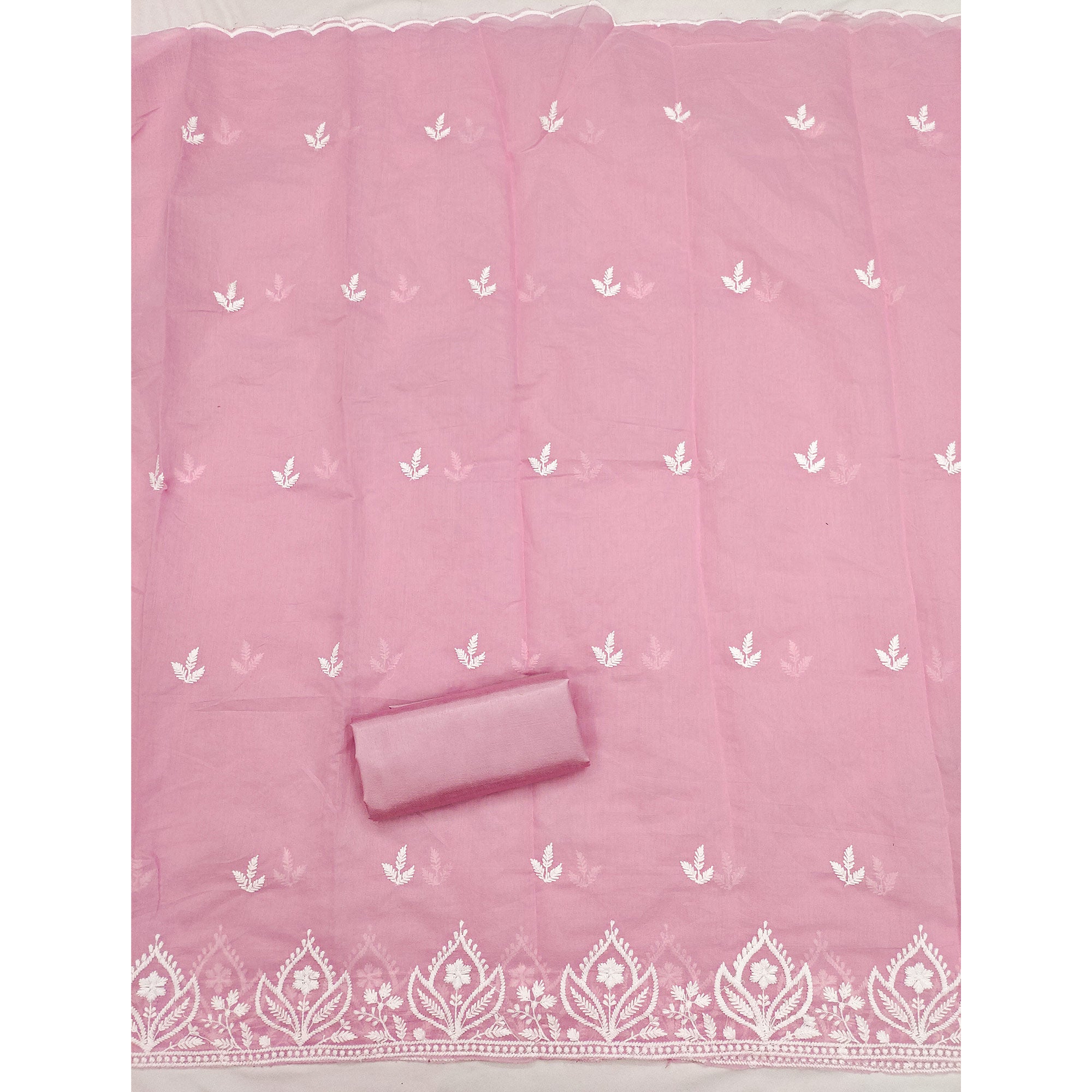 Designer Pink Floral Thread Embroidered Chanderi Cotton Dress Material