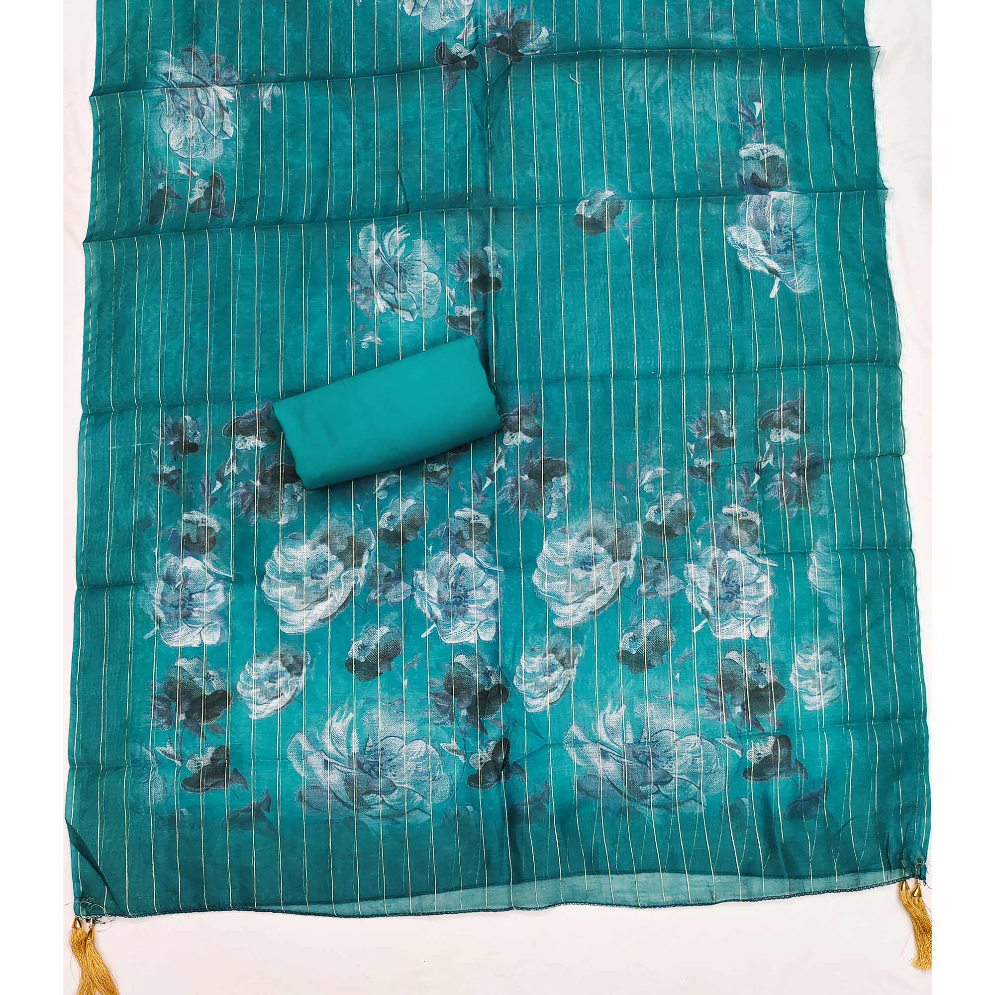 Ethnic Teal Floral Thread Embroidered Roman Cotton Silk Dress Material With Subtle Sequins Work