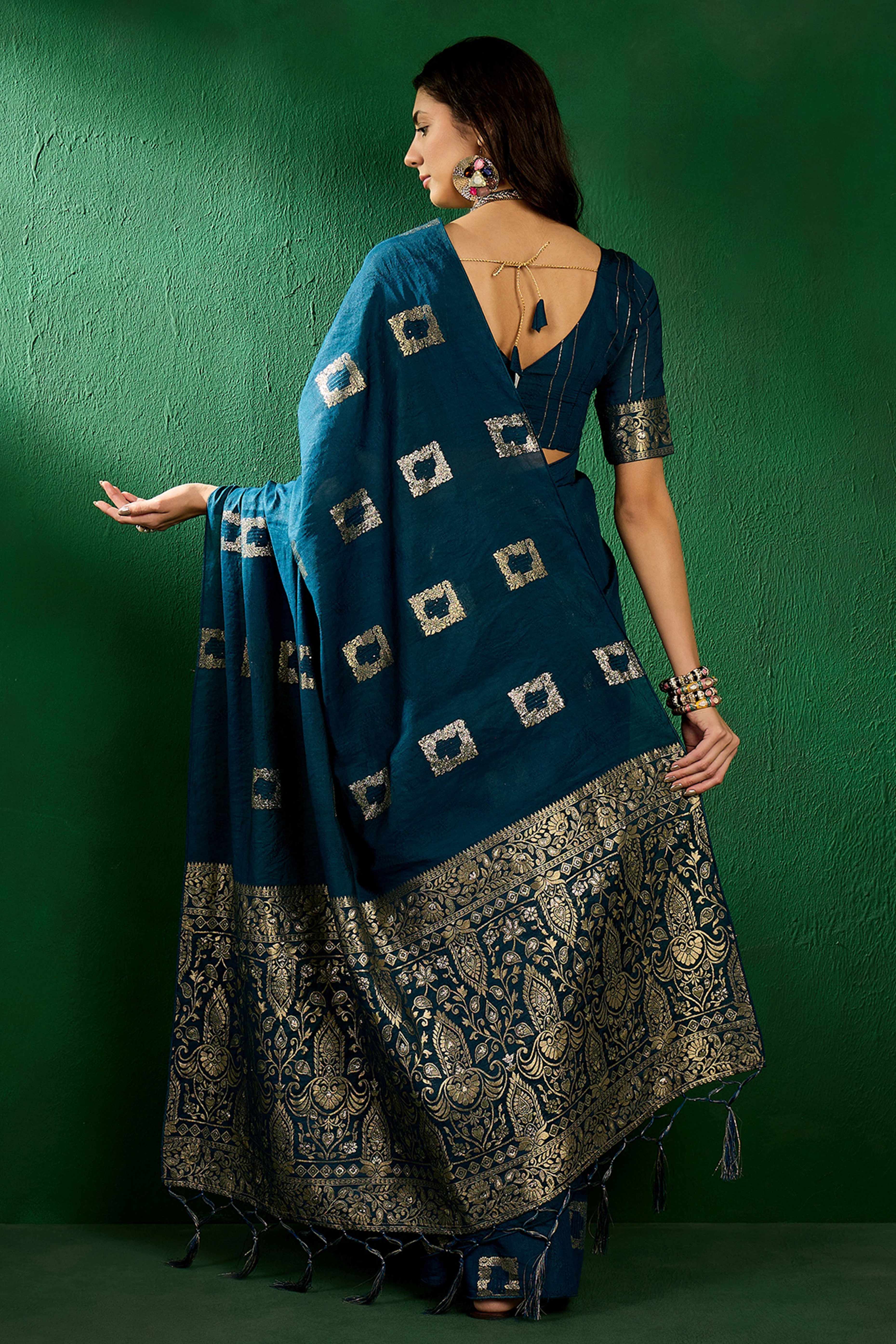 Morpich Blue Woven Staple Cotton Blend Saree With Intricate Floral Motifs & Tassel-Embellished Pallu