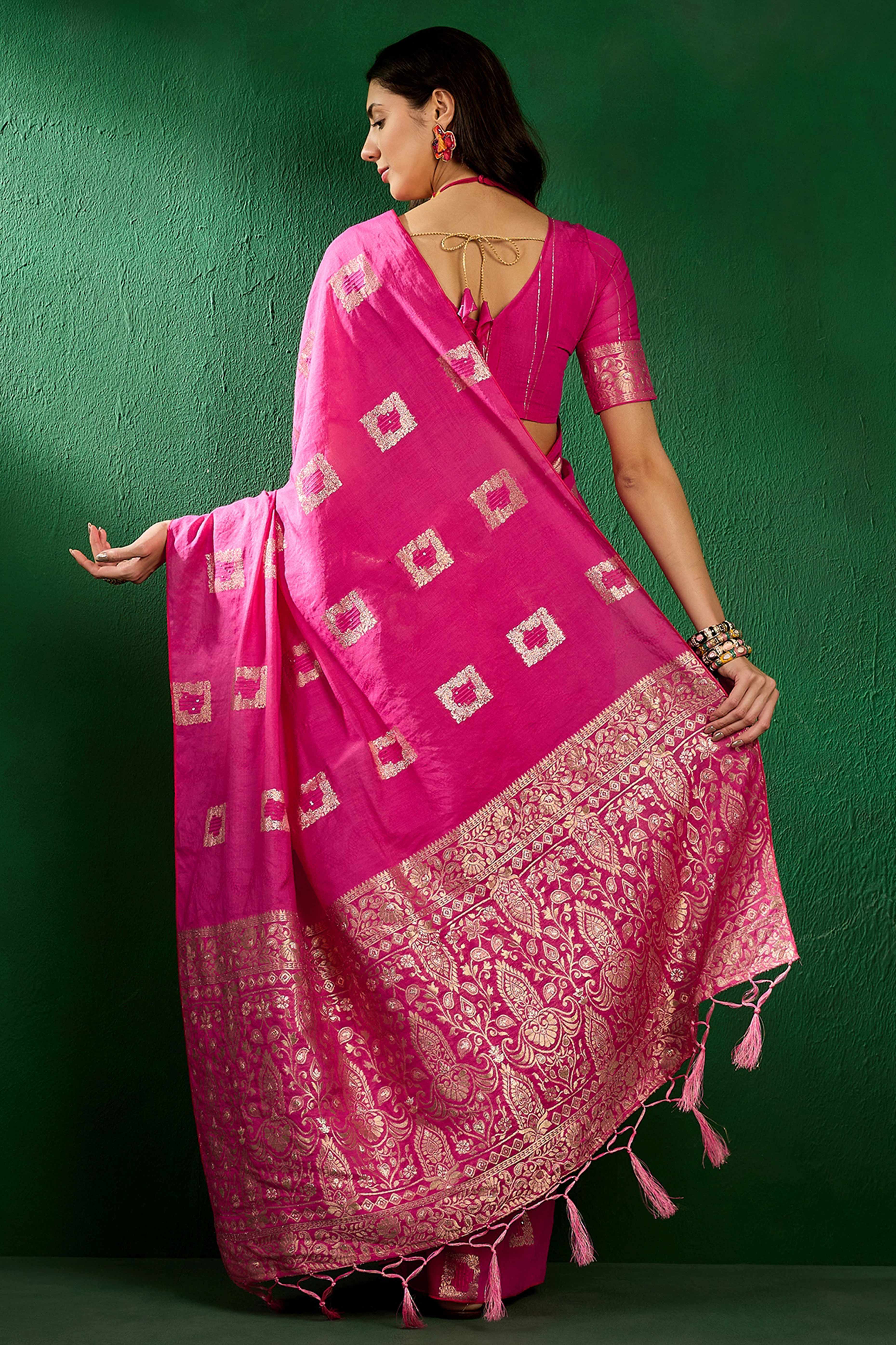 Rani Pink Woven Staple Cotton Blend Saree With Intricate Floral Motifs & Tassel-Embellished Pallu
