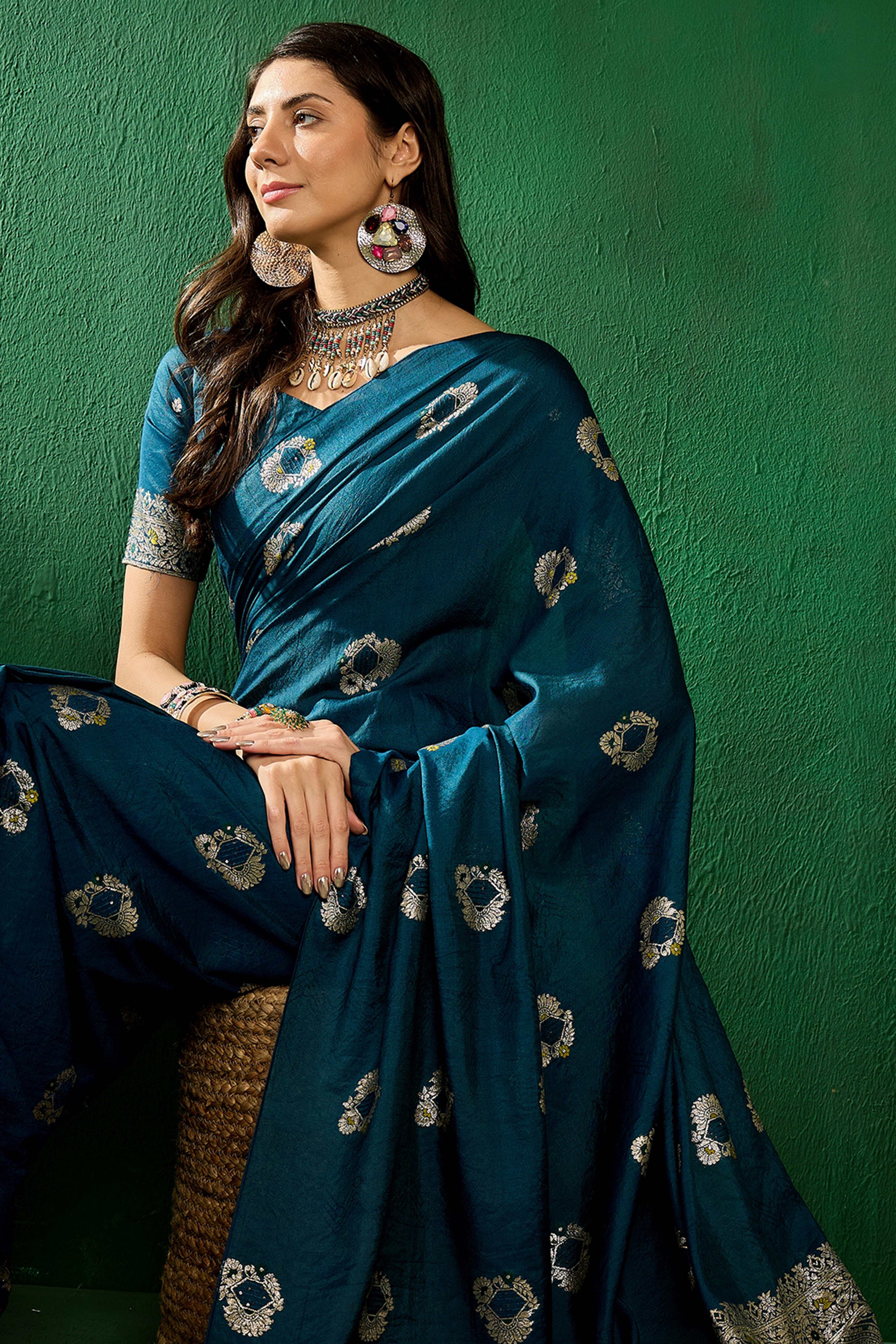 Morpich Blue Cotton Blend Meena Jacquard Saree Enhanced With Floral Weaving & Tassel Pallu