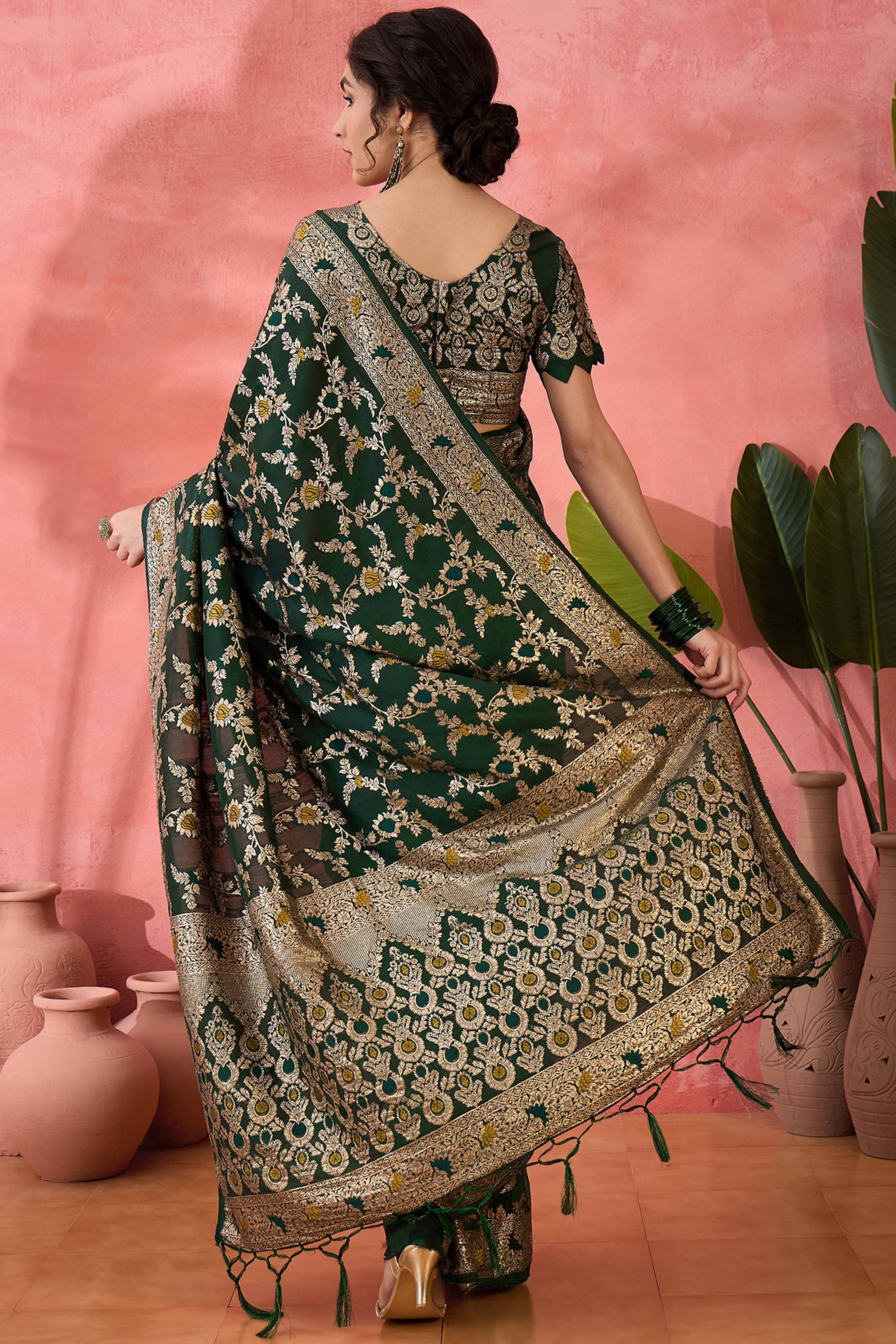 Green Cotton Meena Jacquard Saree Featuring Intricate Floral Weaving & Tassels On The Pallu