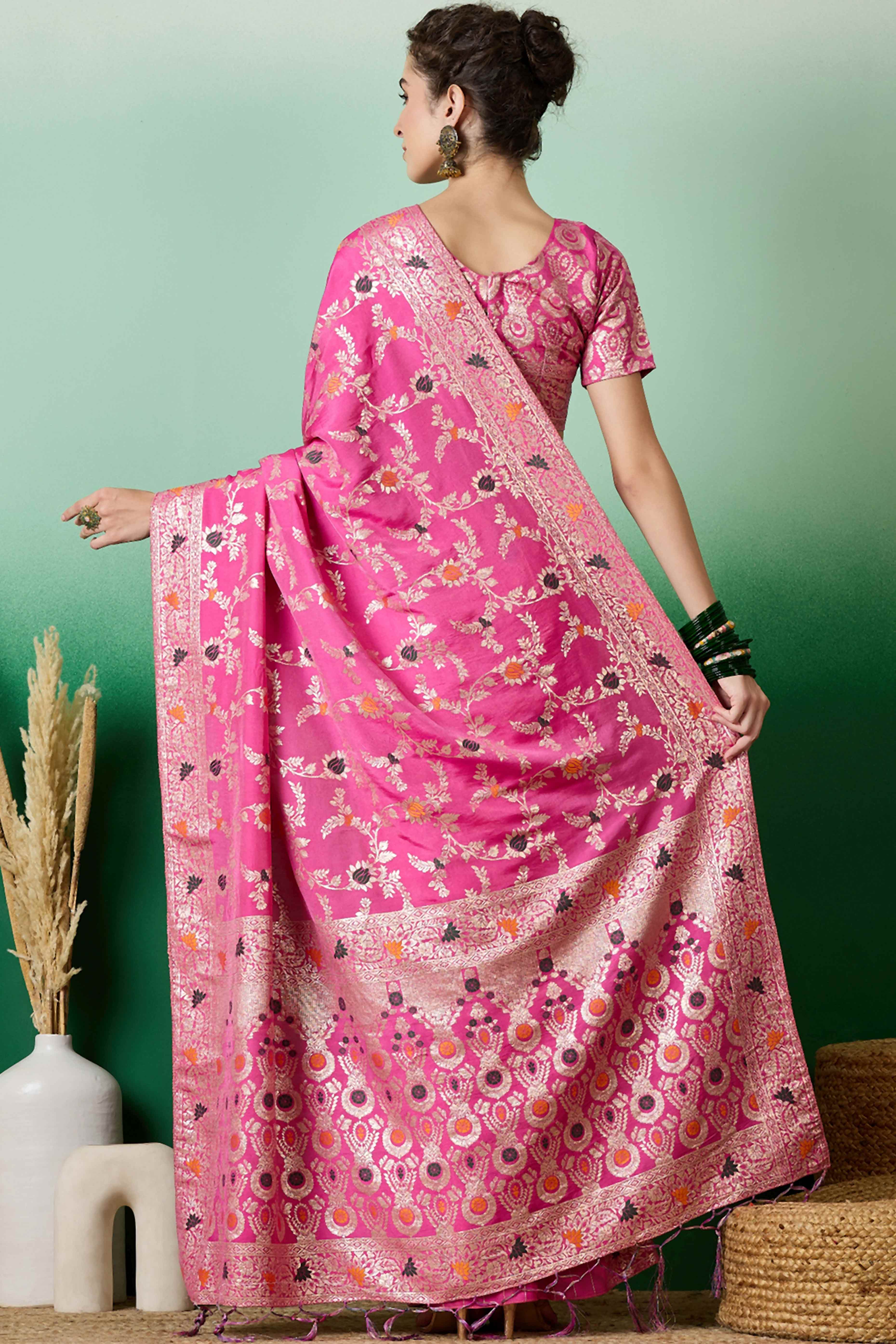 Pink Cotton Meena Jacquard Saree Featuring Intricate Floral Weaving & Tassels On The Pallu