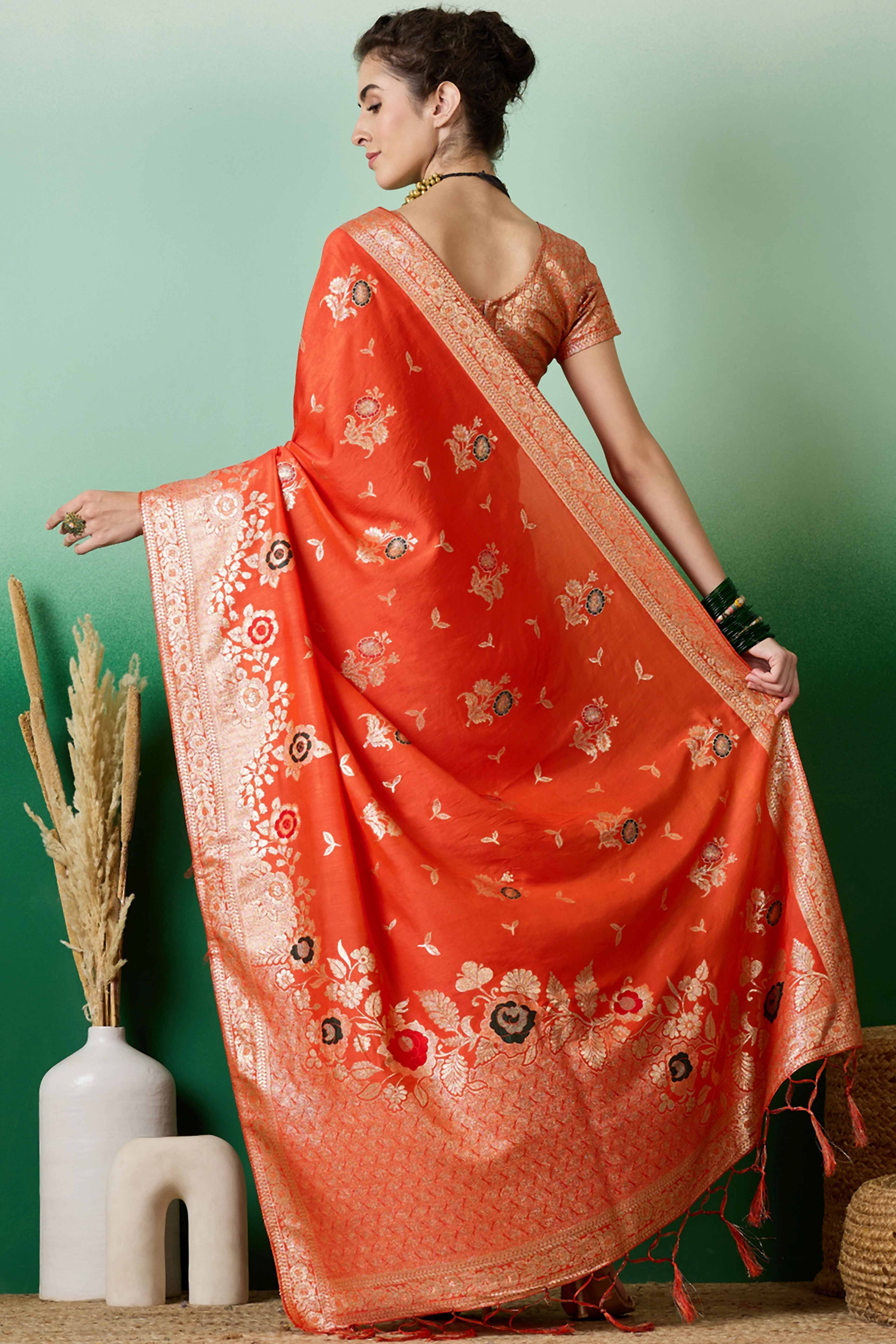 Orange Cotton Blend Saree Embellished With Floral Zari Weaving & Tasselled Pallu