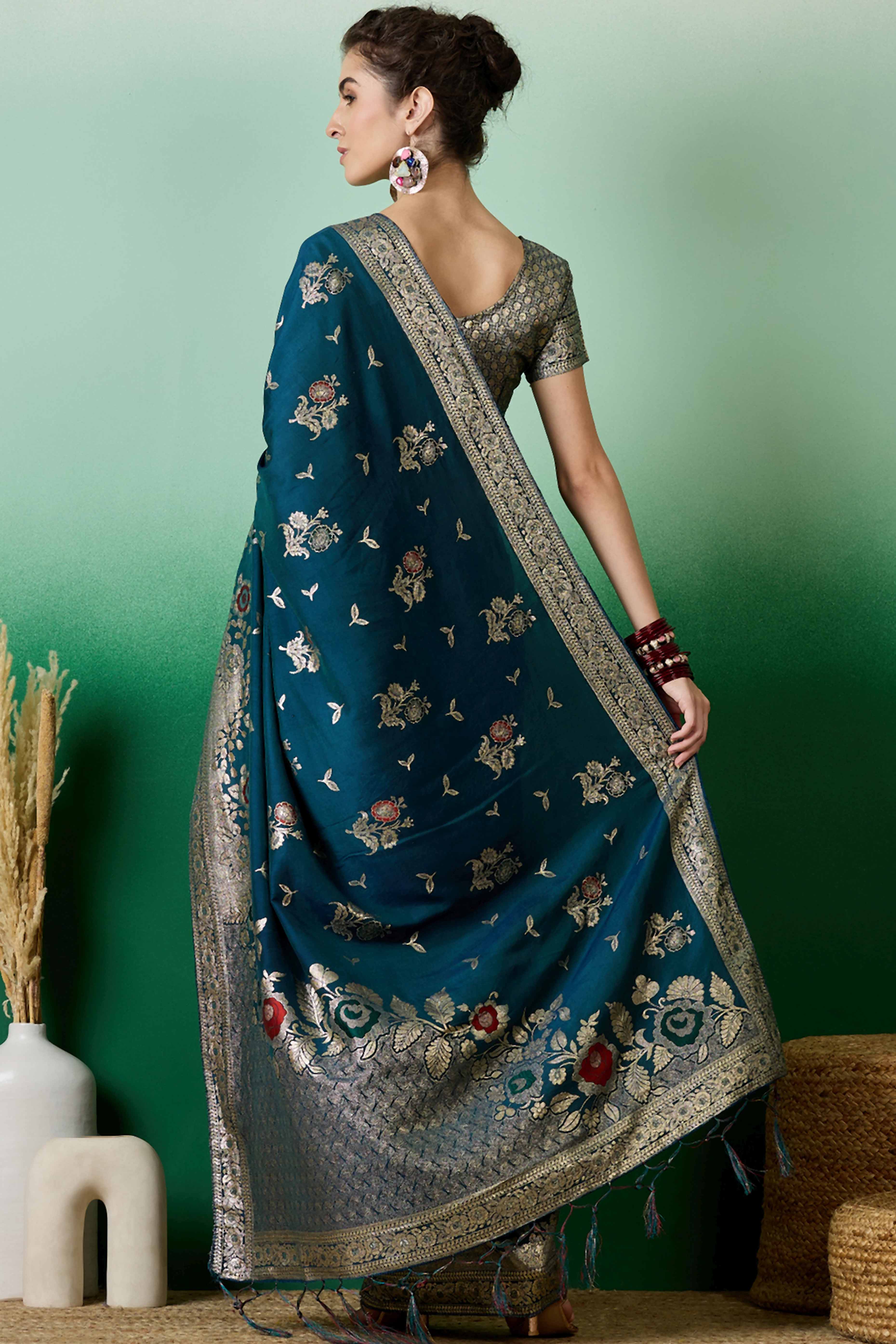 Teal Cotton Blend Saree Embellished With Floral Zari Weaving & Tasselled Pallu