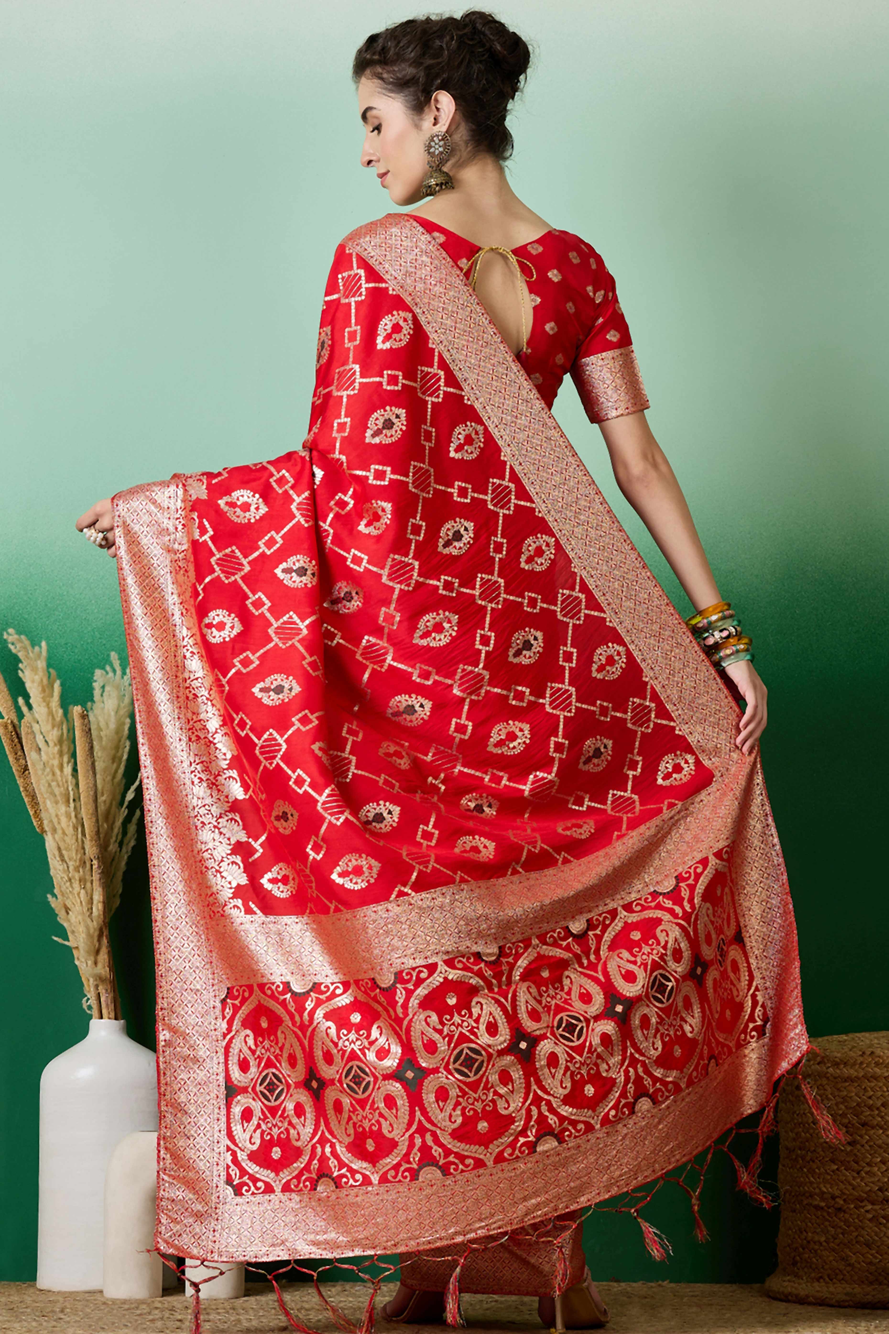 Red Zari Woven Staple Cotton Blend Saree With Floral Motifs & Tassel Detailed Pallu
