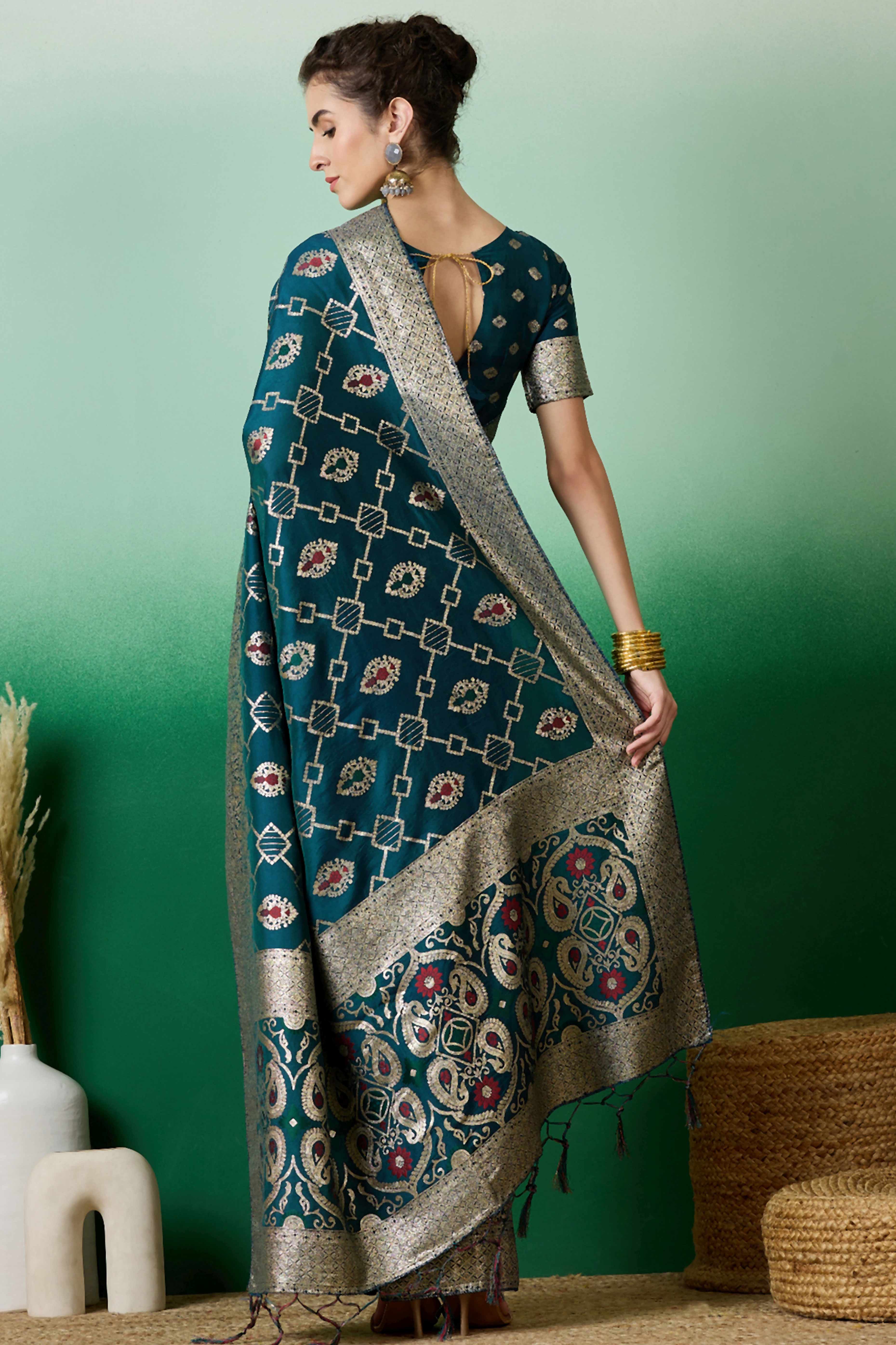 Teal Zari Woven Staple Cotton Blend Saree With Floral Motifs & Tassel Detailed Pallu