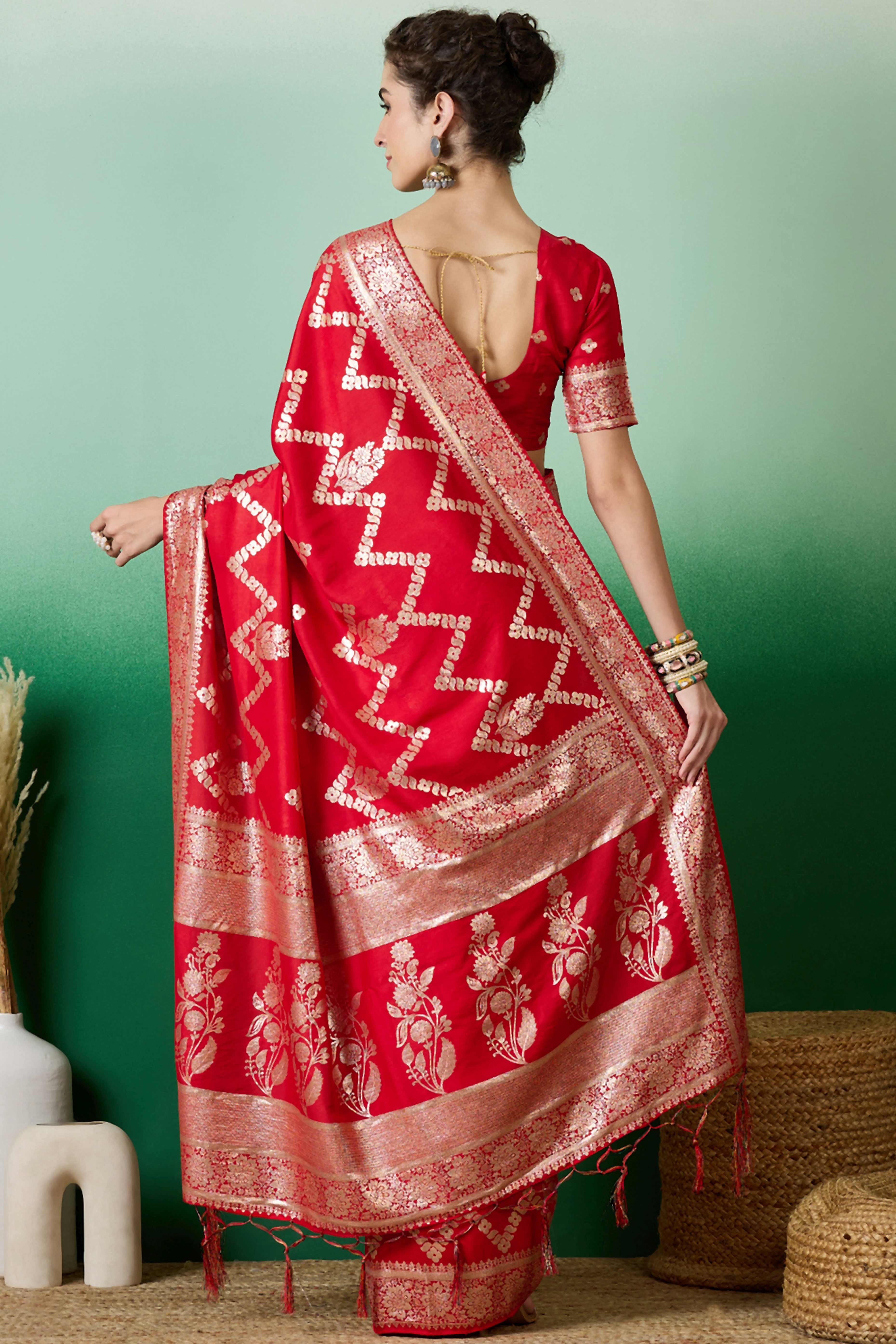 Red Cotton Blend Jacquard Saree Adorned With Floral Weaving & Graceful Tassel Pallu
