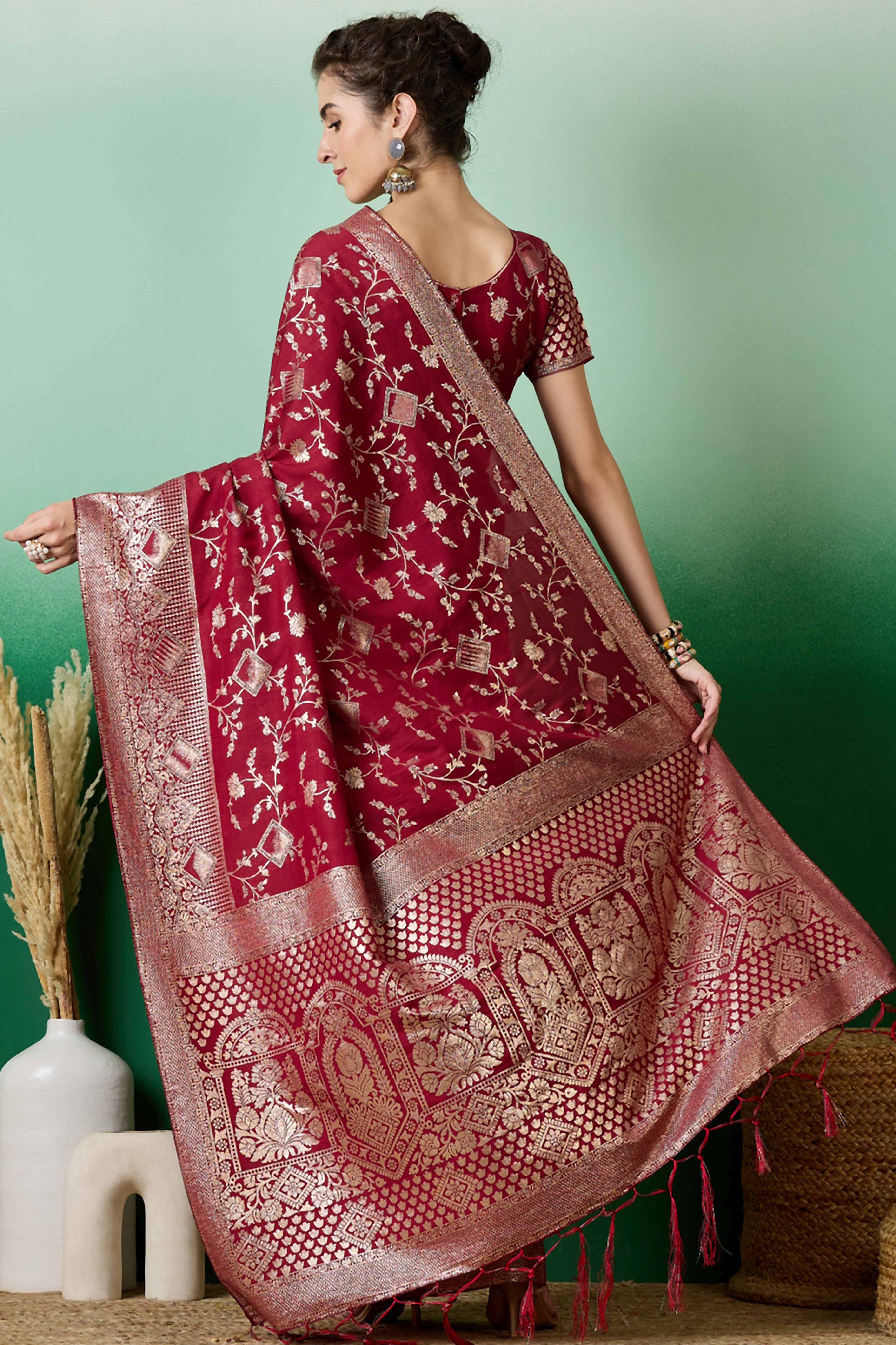 Maroon Cotton Blend Saree With Intricate Floral Zari Weaving & Soft Tassel