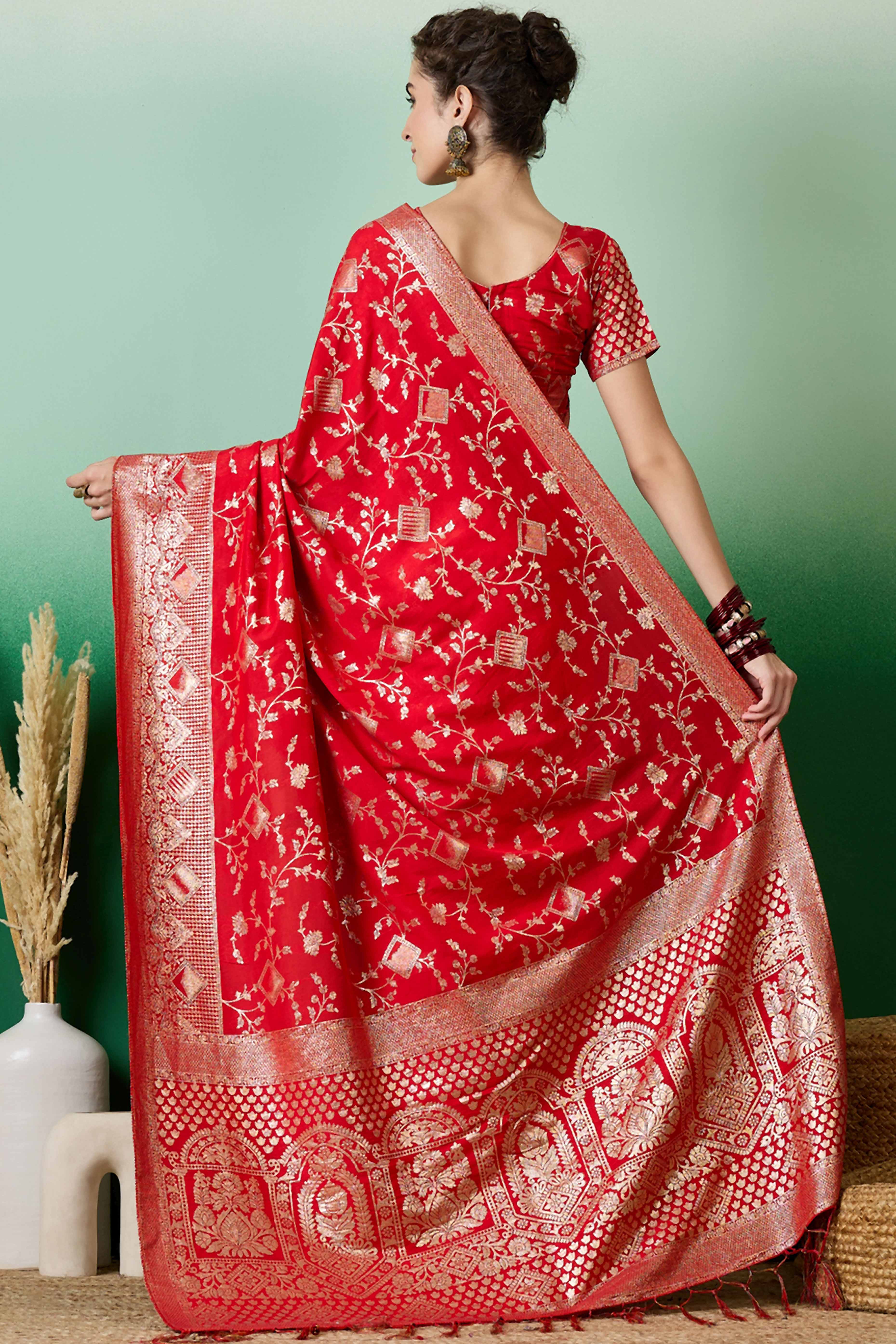 Red Cotton Blend Saree With Intricate Floral Zari Weaving & Soft Tassel