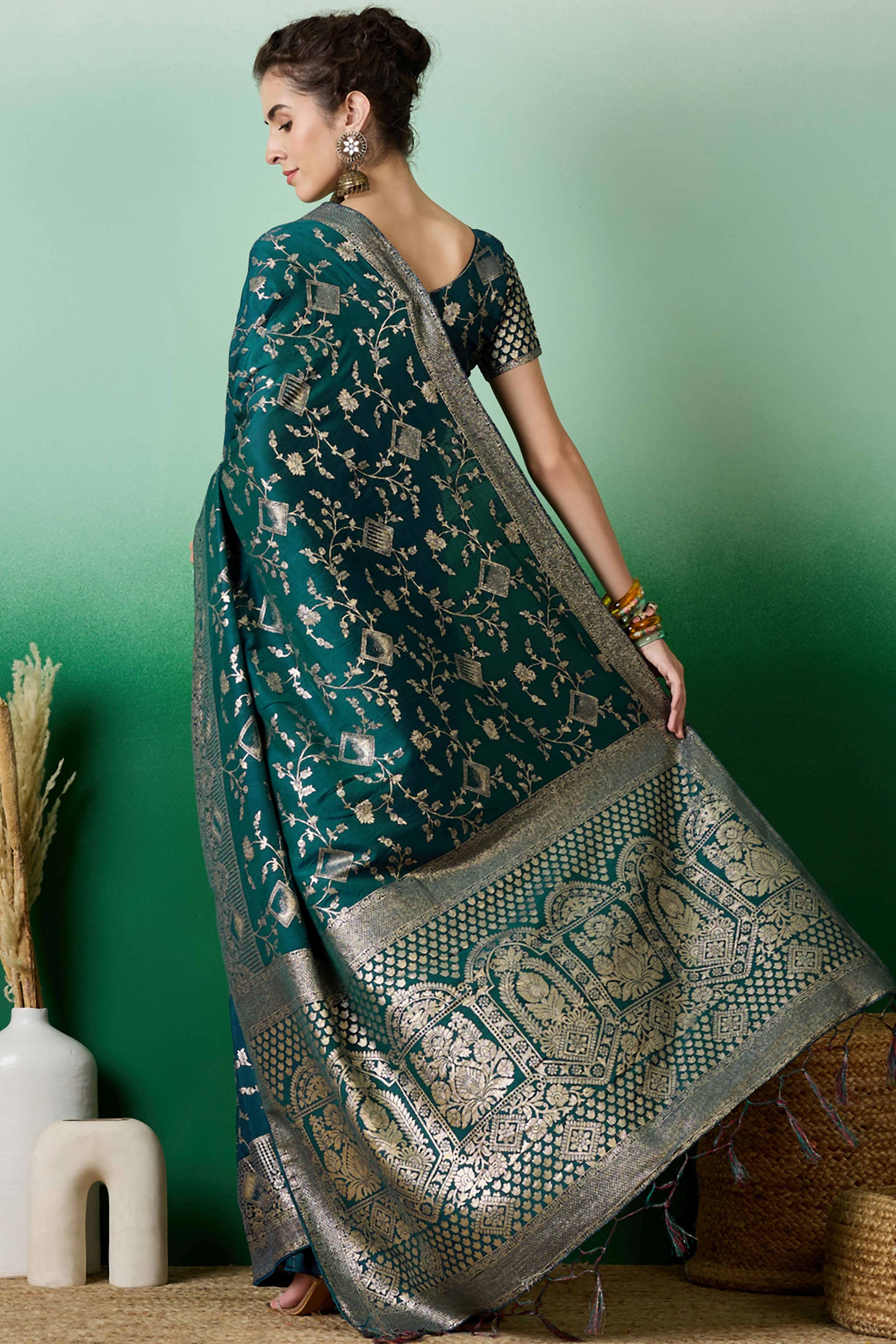 Deep Teal Green Cotton Blend Saree With Intricate Floral Zari Weaving & Soft Tassel