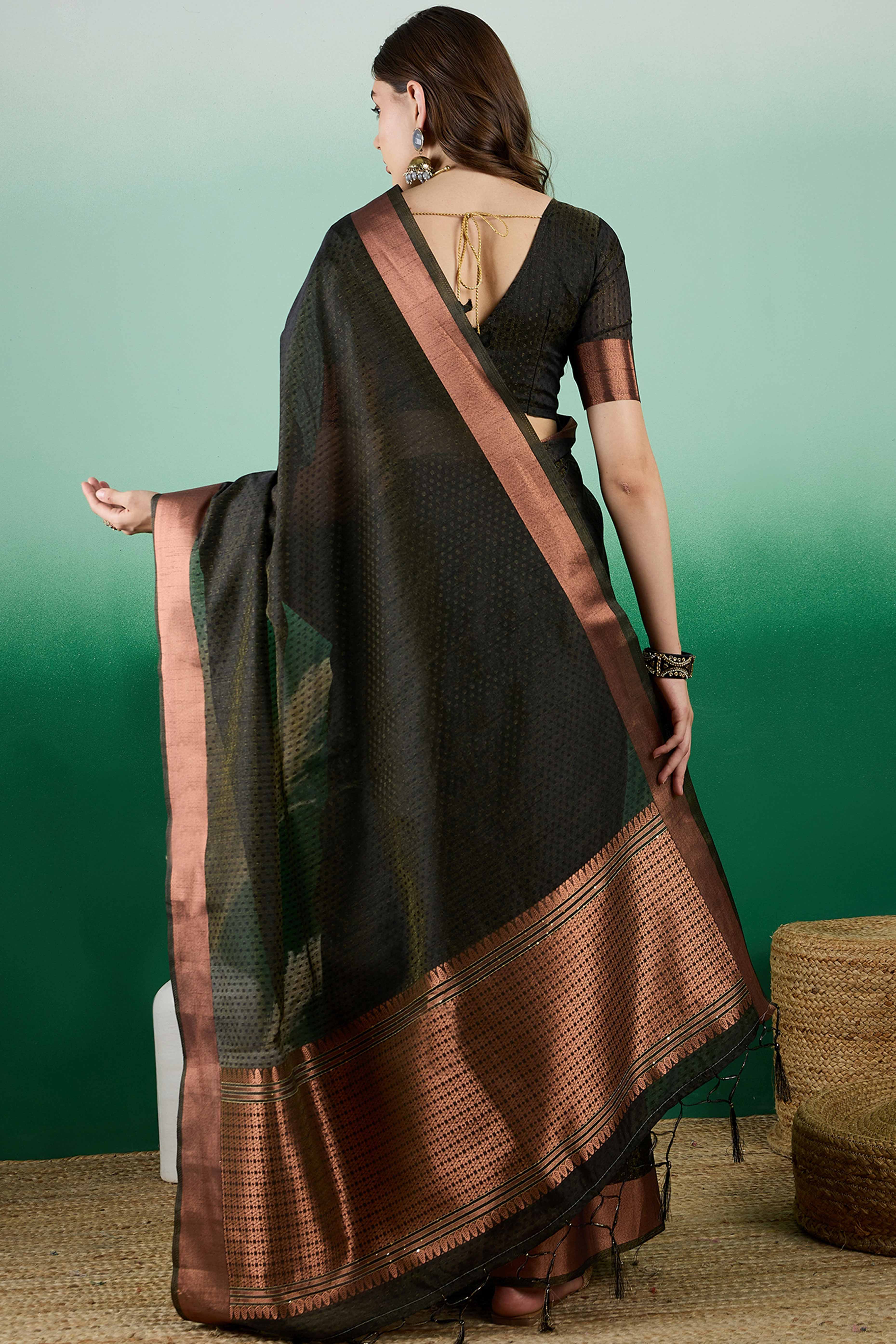 Black Khadi Organza Saree Intricate Weaving & Sparkling Sequins with Tassel Pallu