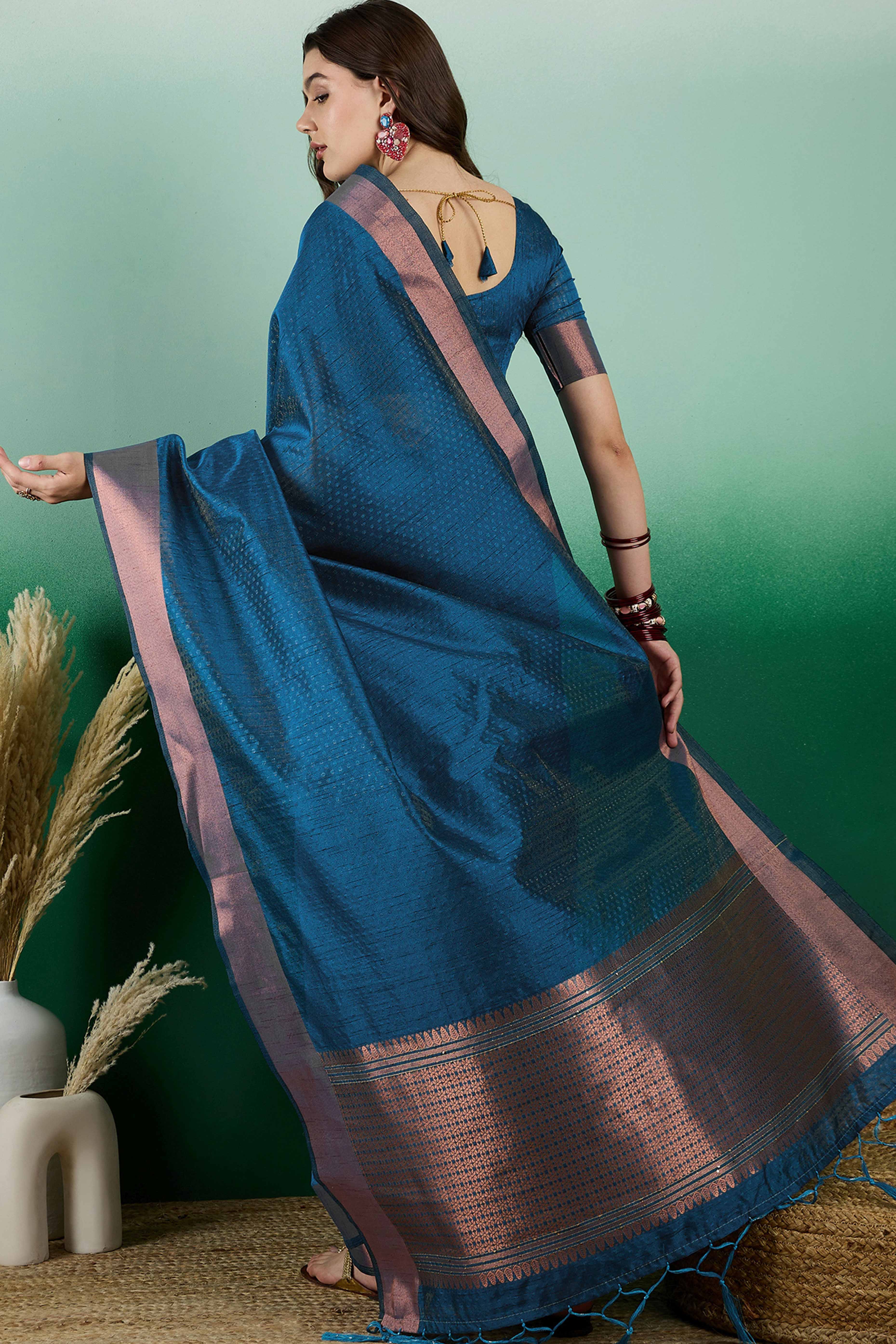 Blue Khadi Organza Saree Intricate Weaving & Sparkling Sequins with Tassel Pallu
