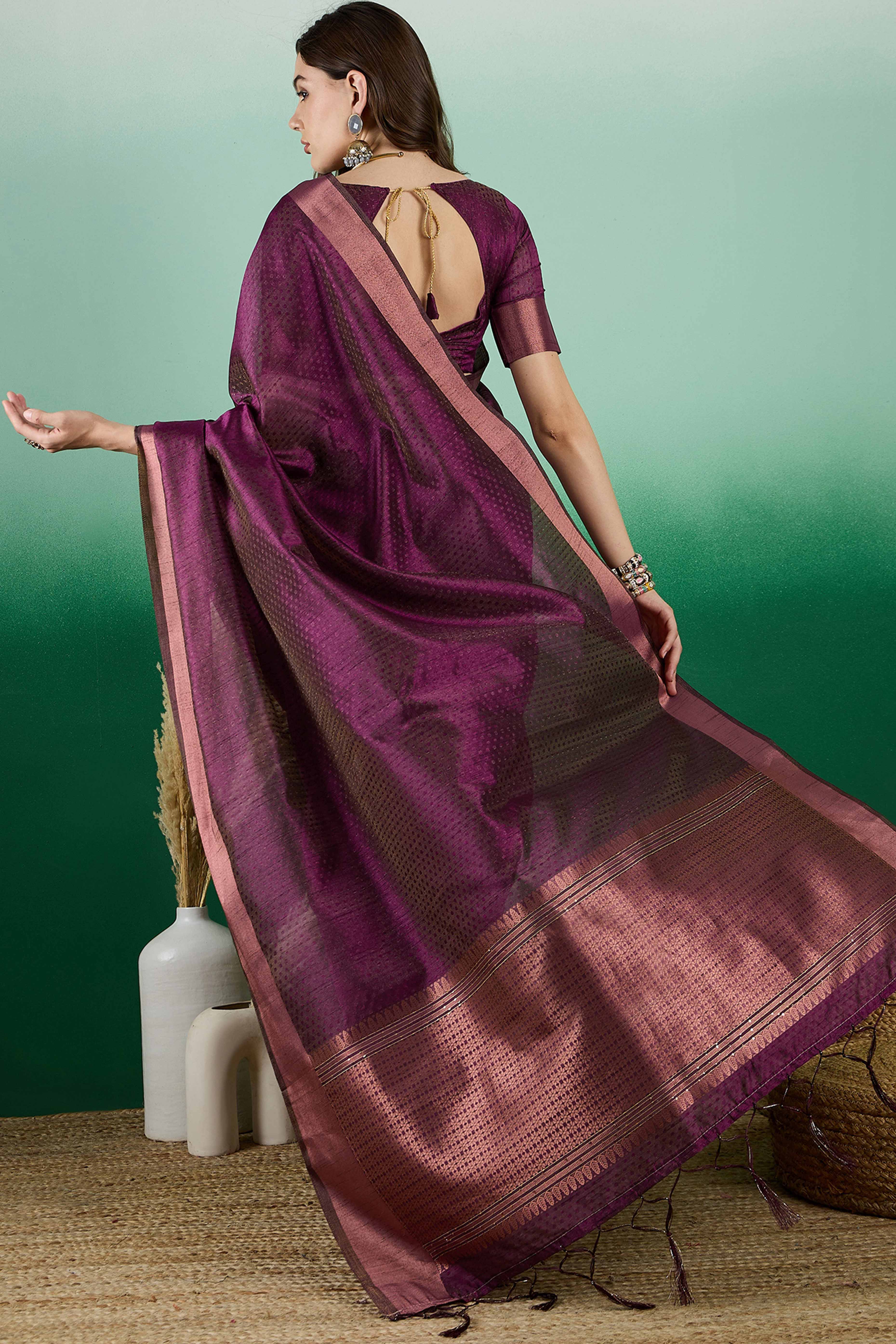 Wine Khadi Organza Saree Intricate Weaving & Sparkling Sequins with Tassel Pallu