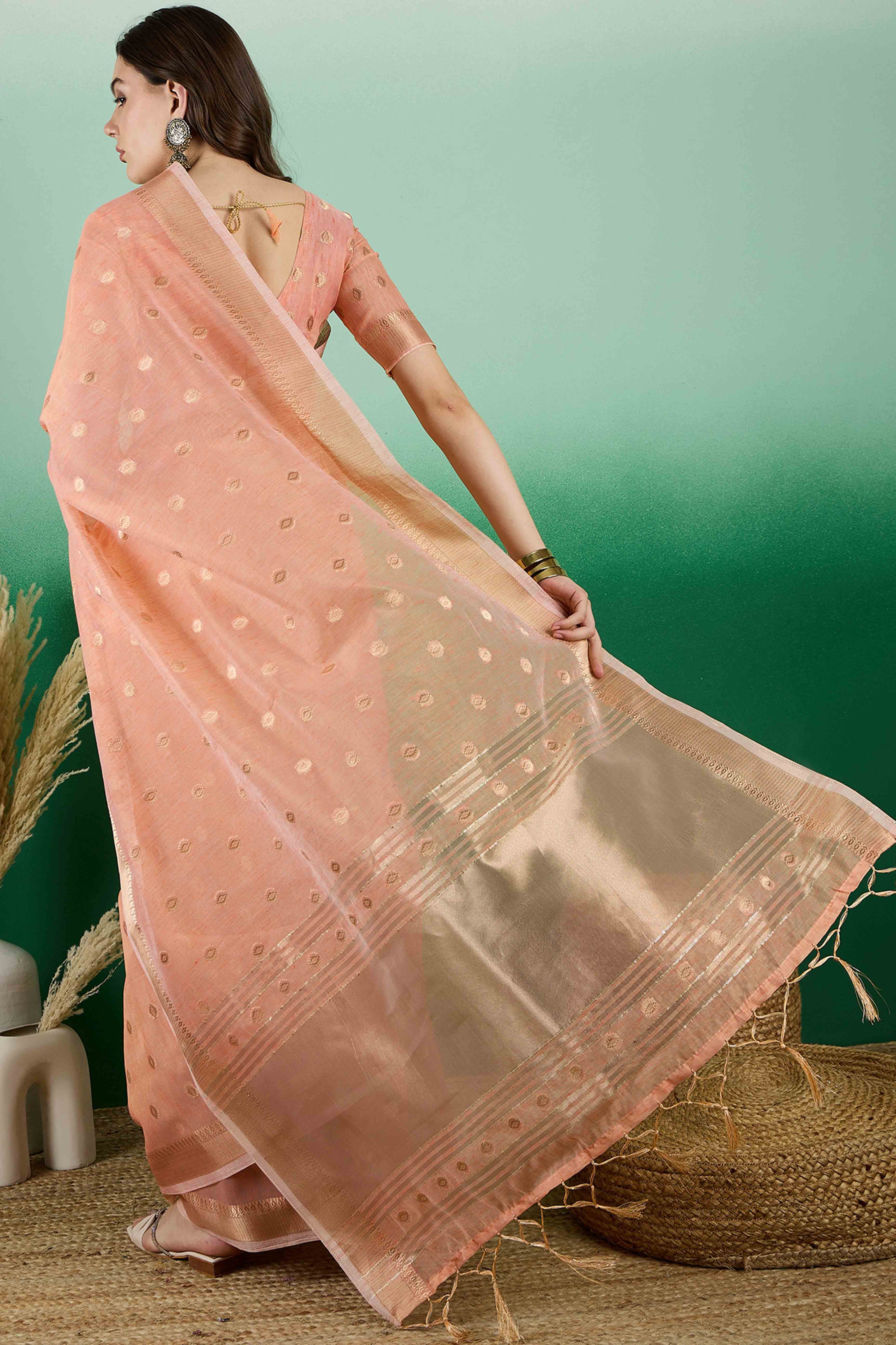 Orange Khadi Organza Saree Embellished With Traditional Zari Work & Tassels