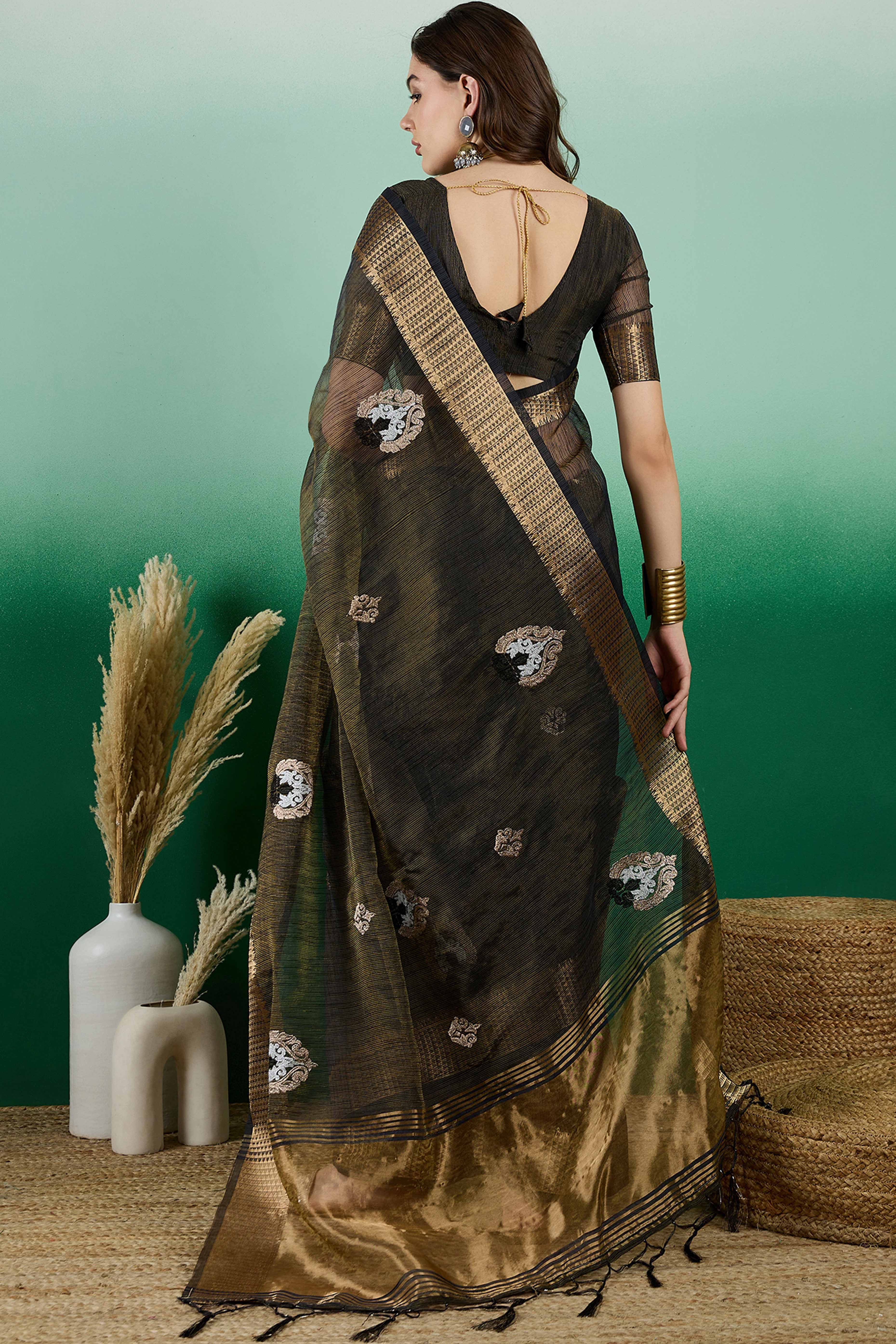 Black Khadi Organza Saree Adorned With Elegant Embroidery & Tassel Pallu