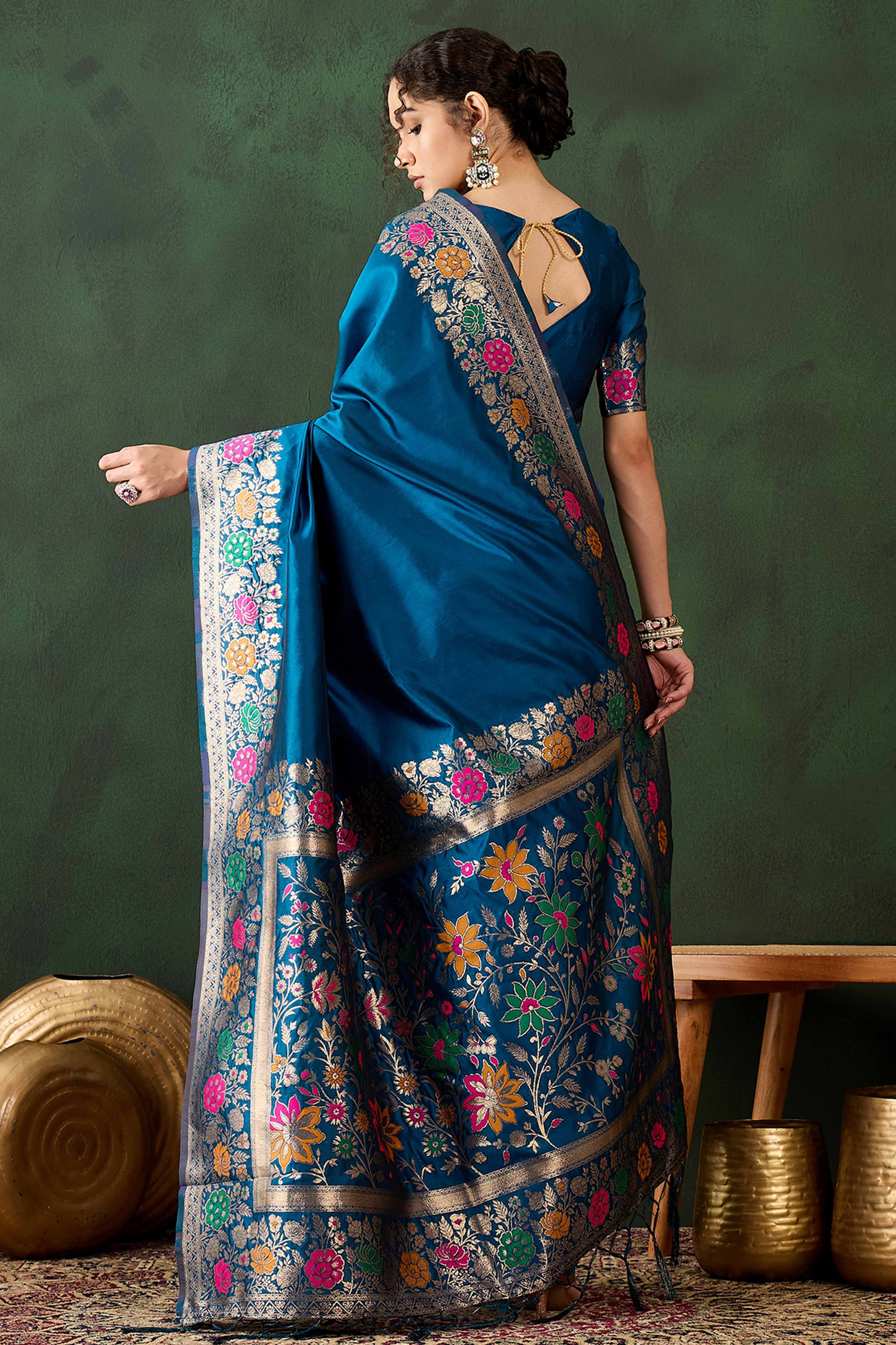 Blue Saree In Poly Silk Blend Featuring Floral Zari Weaving & Tassel Accents