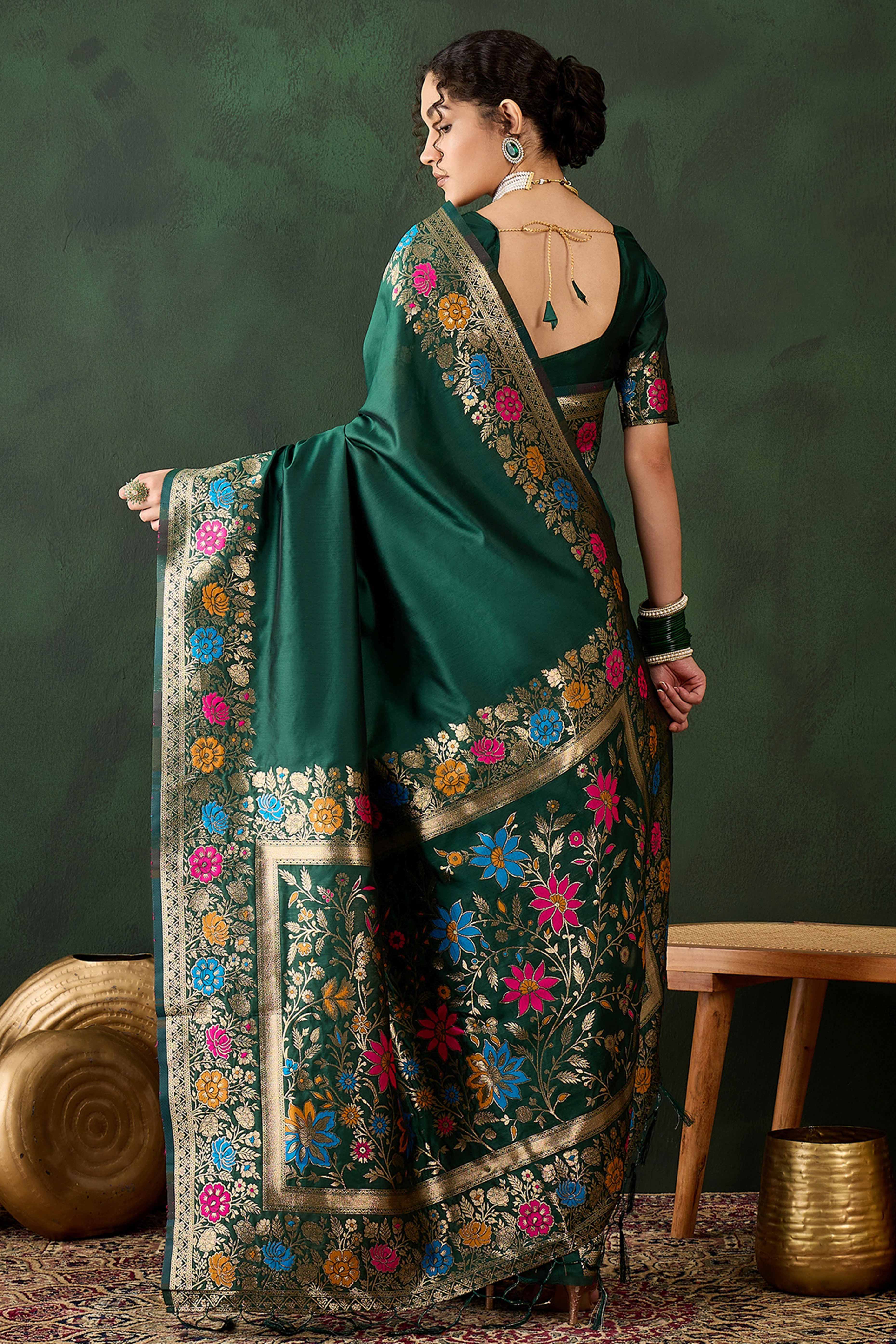 Green Saree In Poly Silk Blend Featuring Floral Zari Weaving & Tassel Accents