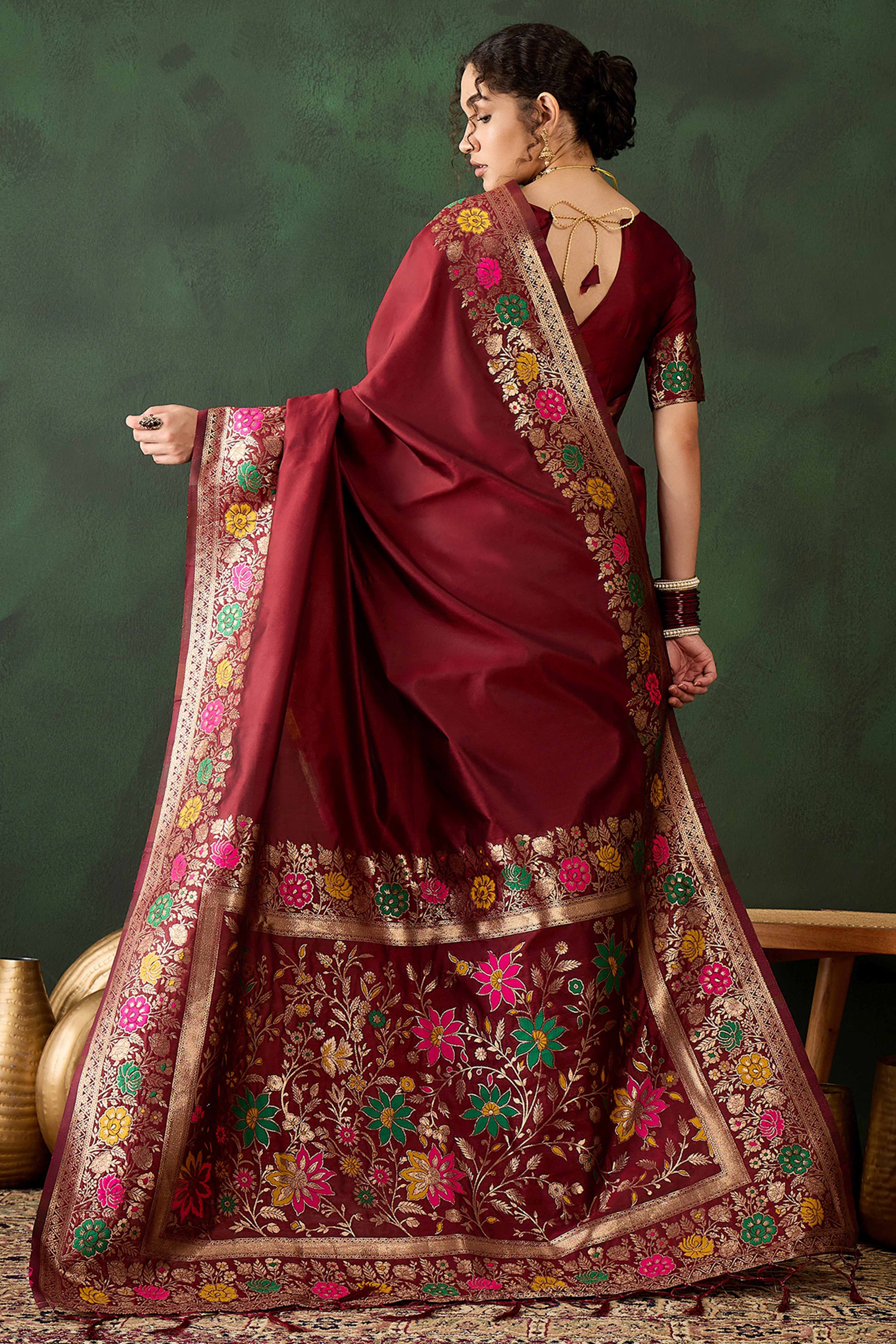 Maroon Saree In Poly Silk Blend Featuring Floral Zari Weaving & Tassel Accents