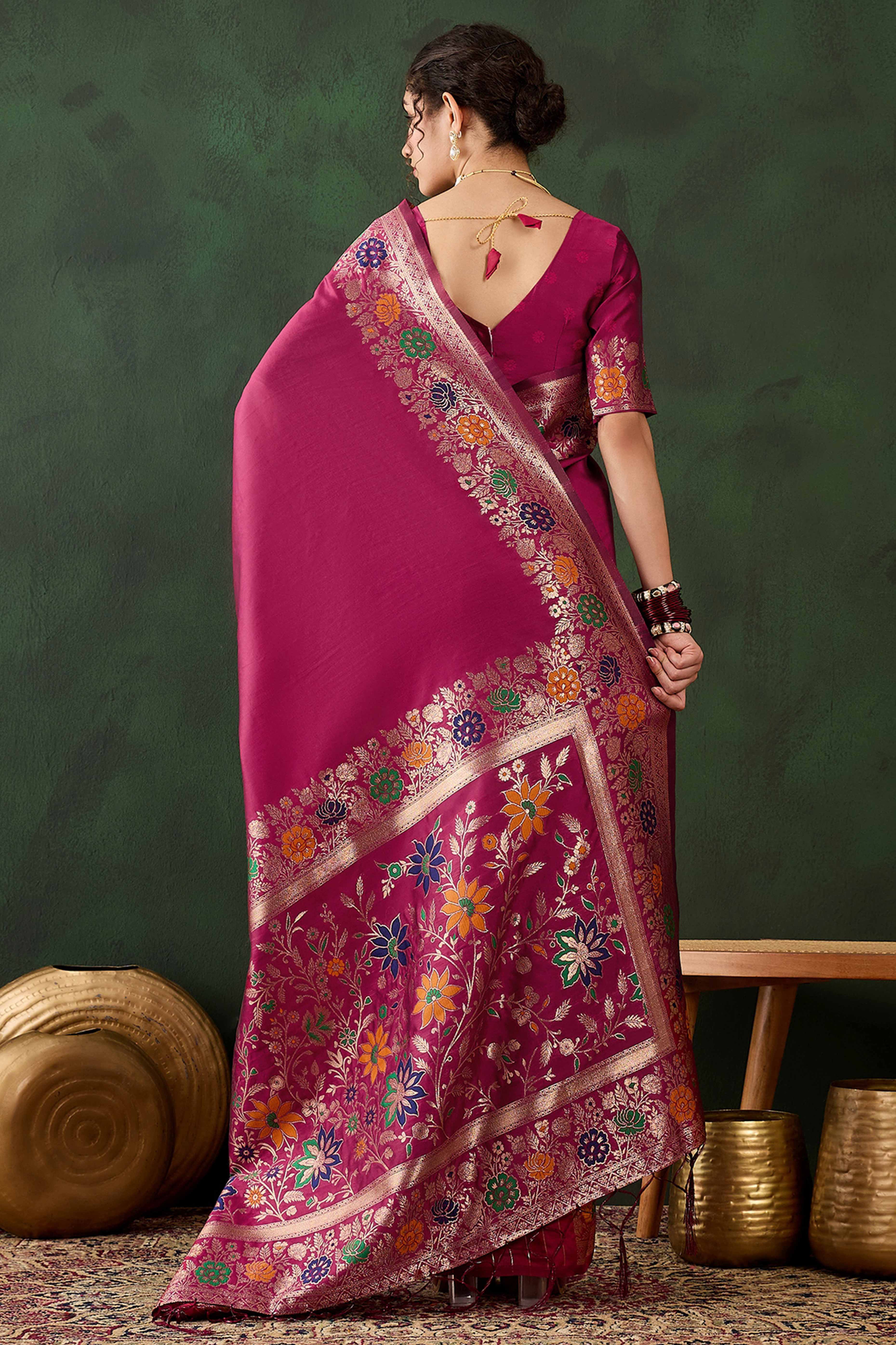 Pink Saree In Poly Silk Blend Featuring Floral Zari Weaving & Tassel Accents