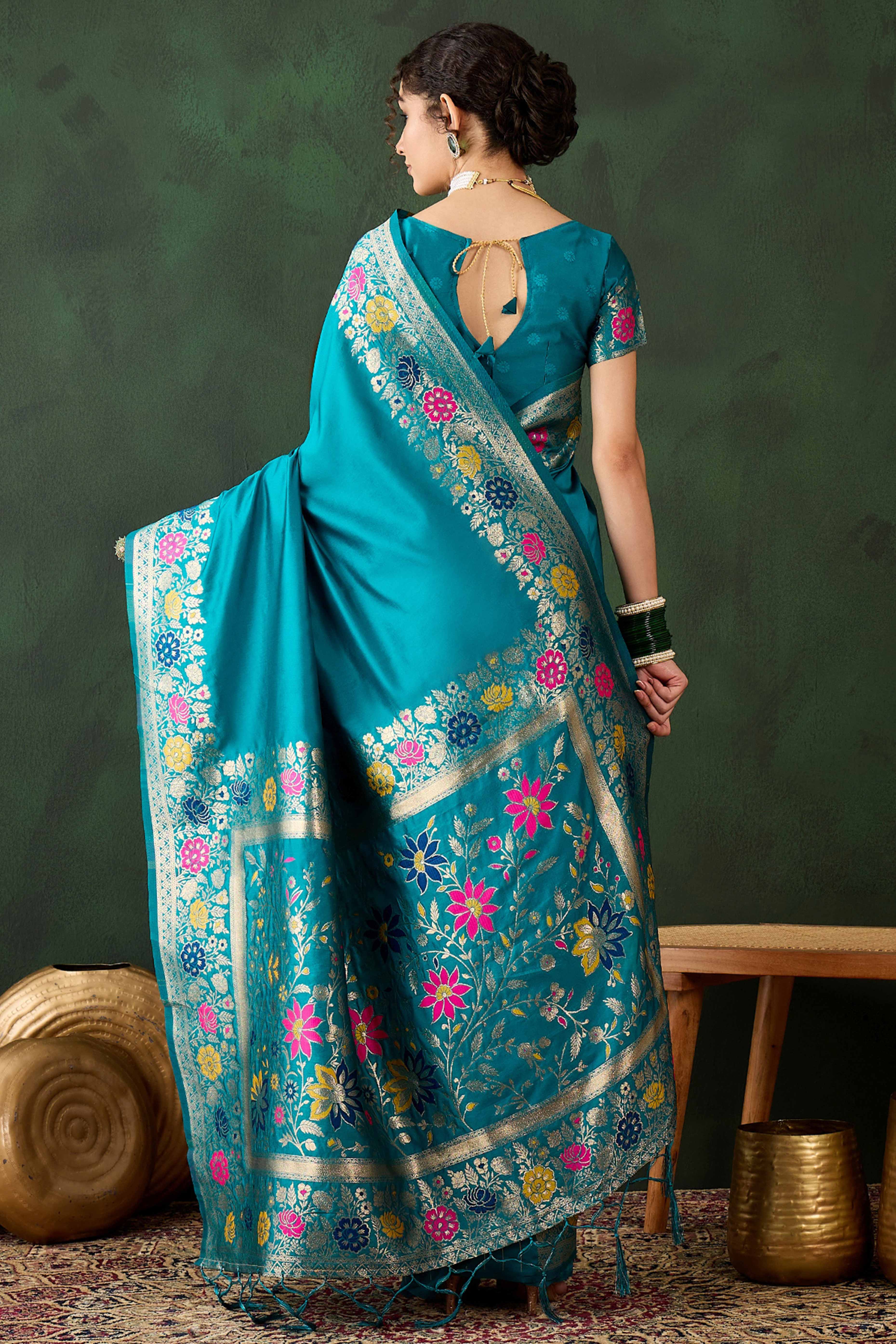 Rama Blue Saree In Poly Silk Blend Featuring Floral Zari Weaving & Tassel Accents