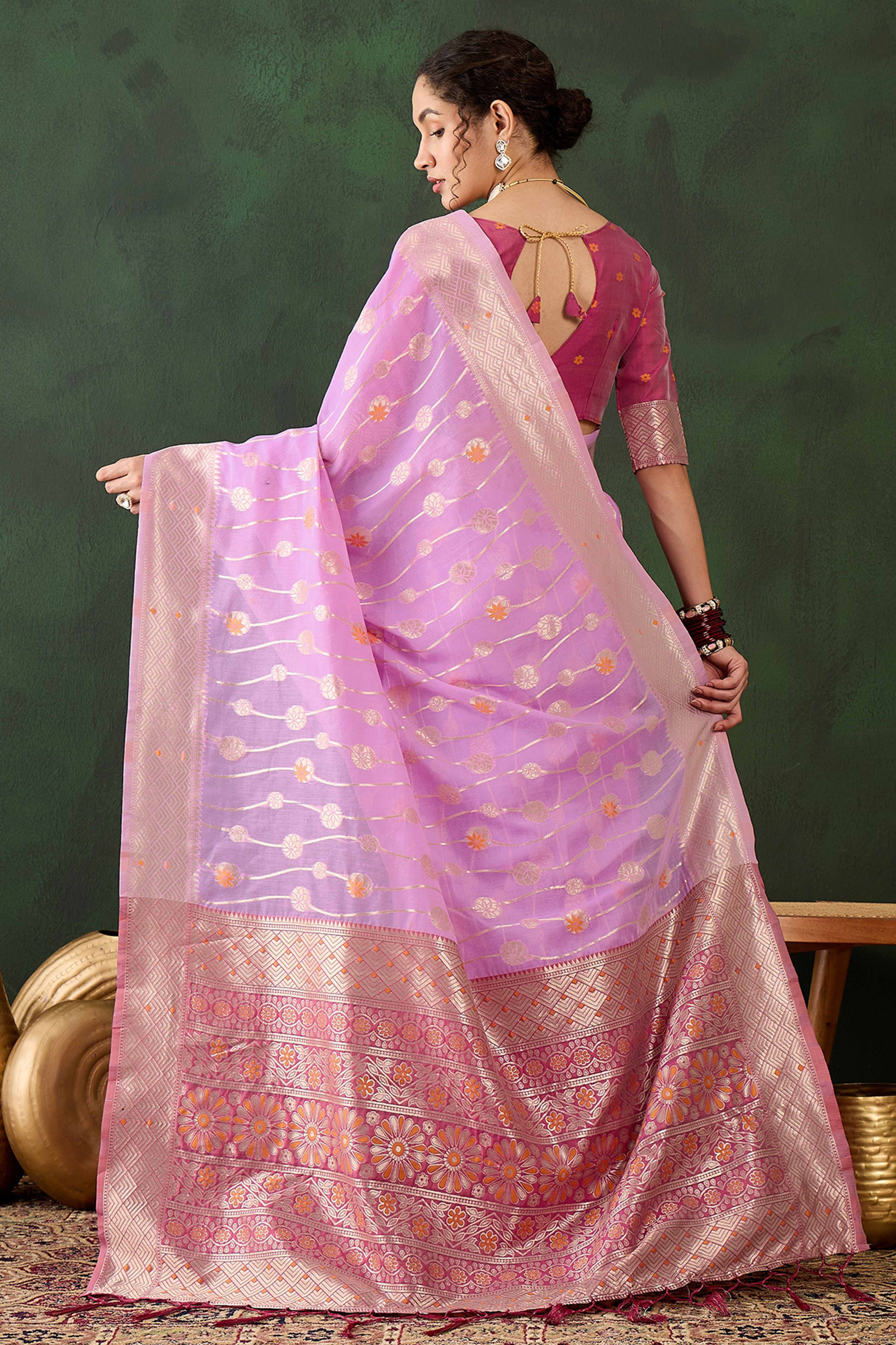 Lavender Cotton Blend Saree Adorned With Intricate Floral Zari Weaving & A Stylish Tassel Pallu