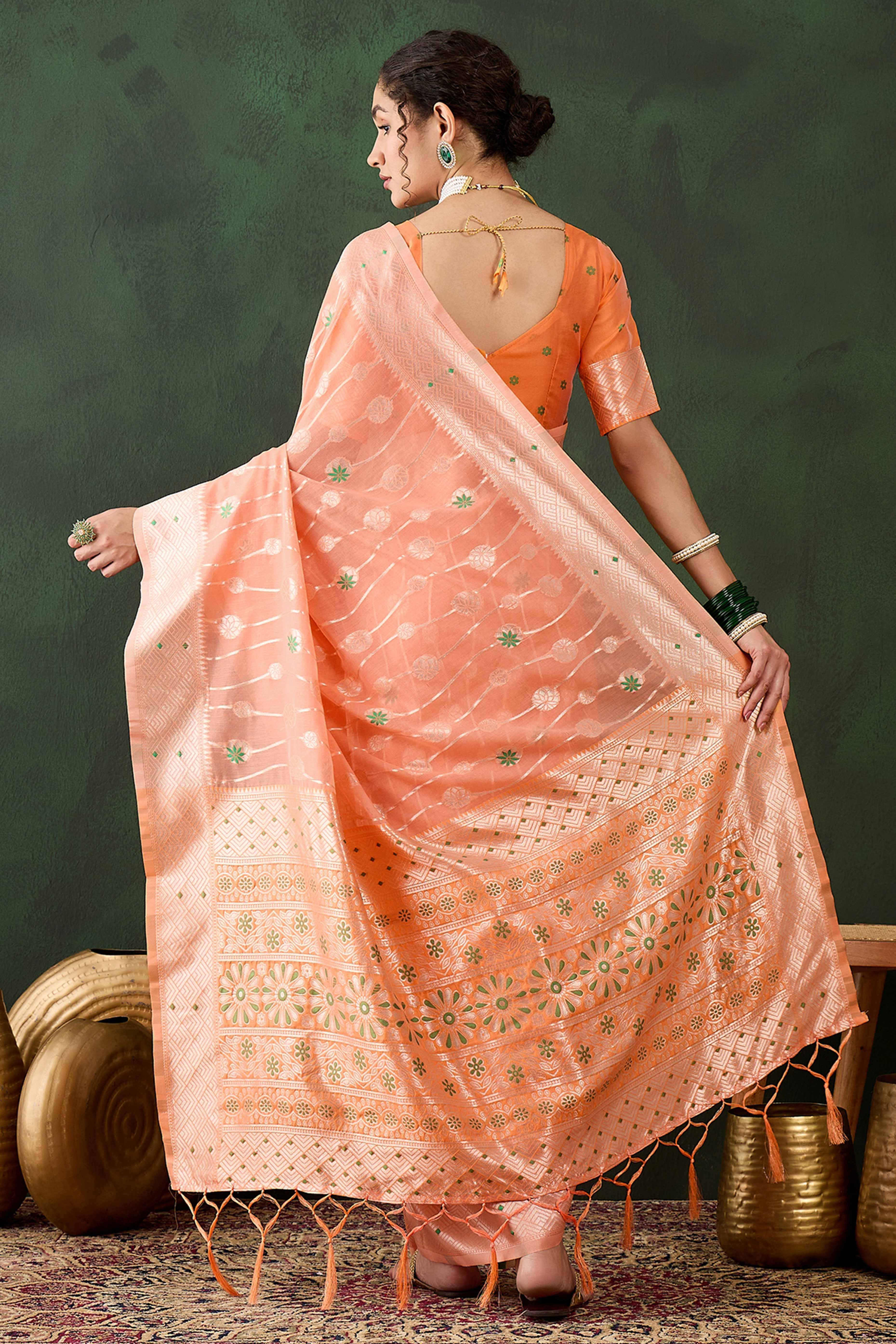 Orange Cotton Blend Saree Adorned With Intricate Floral Zari Weaving & A Stylish Tassel Pallu