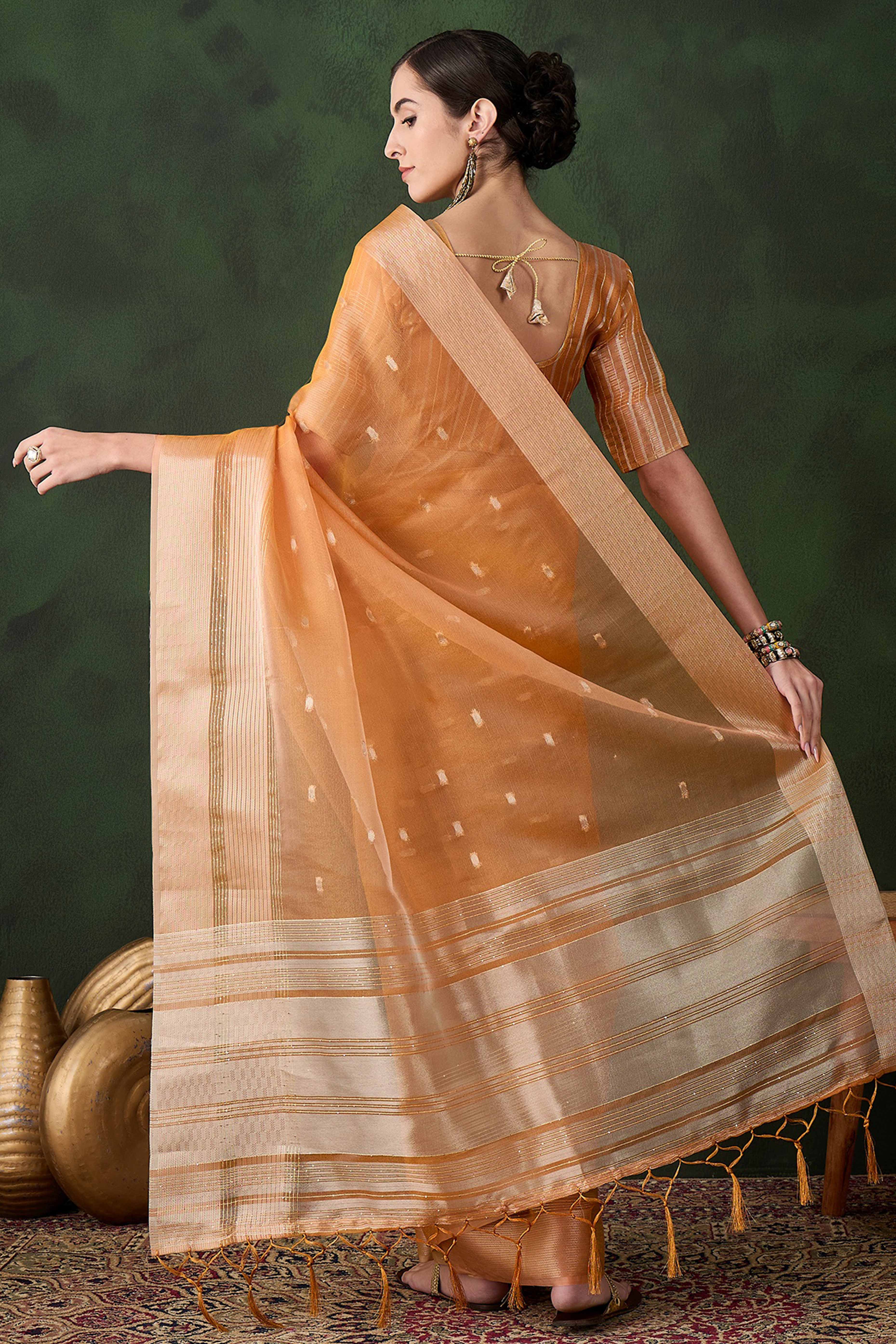 Orange Woven Khadi Organza Saree Embellished With Shimmering Sequins Work