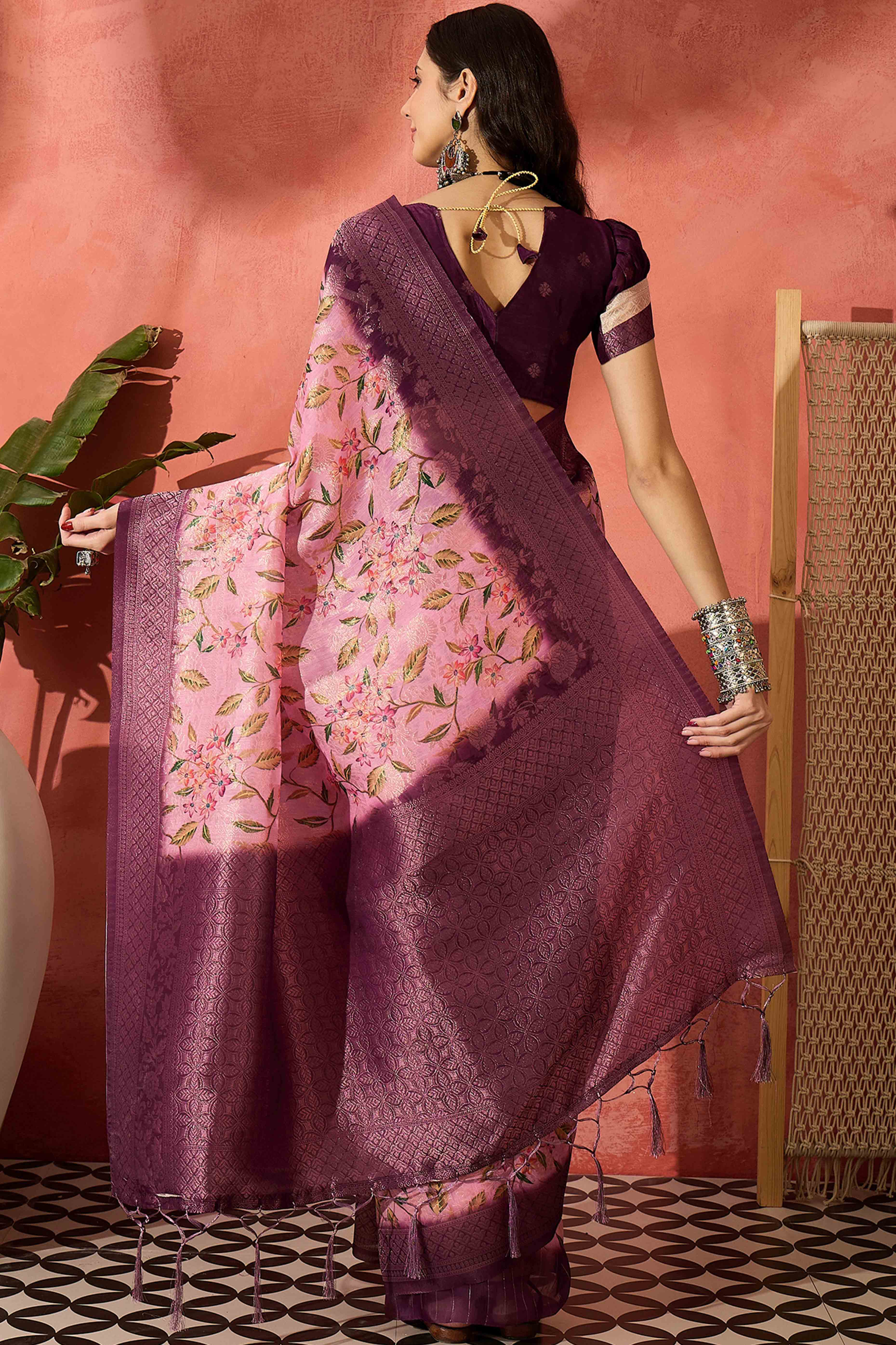 Pastel Pink Saree In Poly Cotton Featuring Intricate Floral Zari Weaving & Tassel Accents