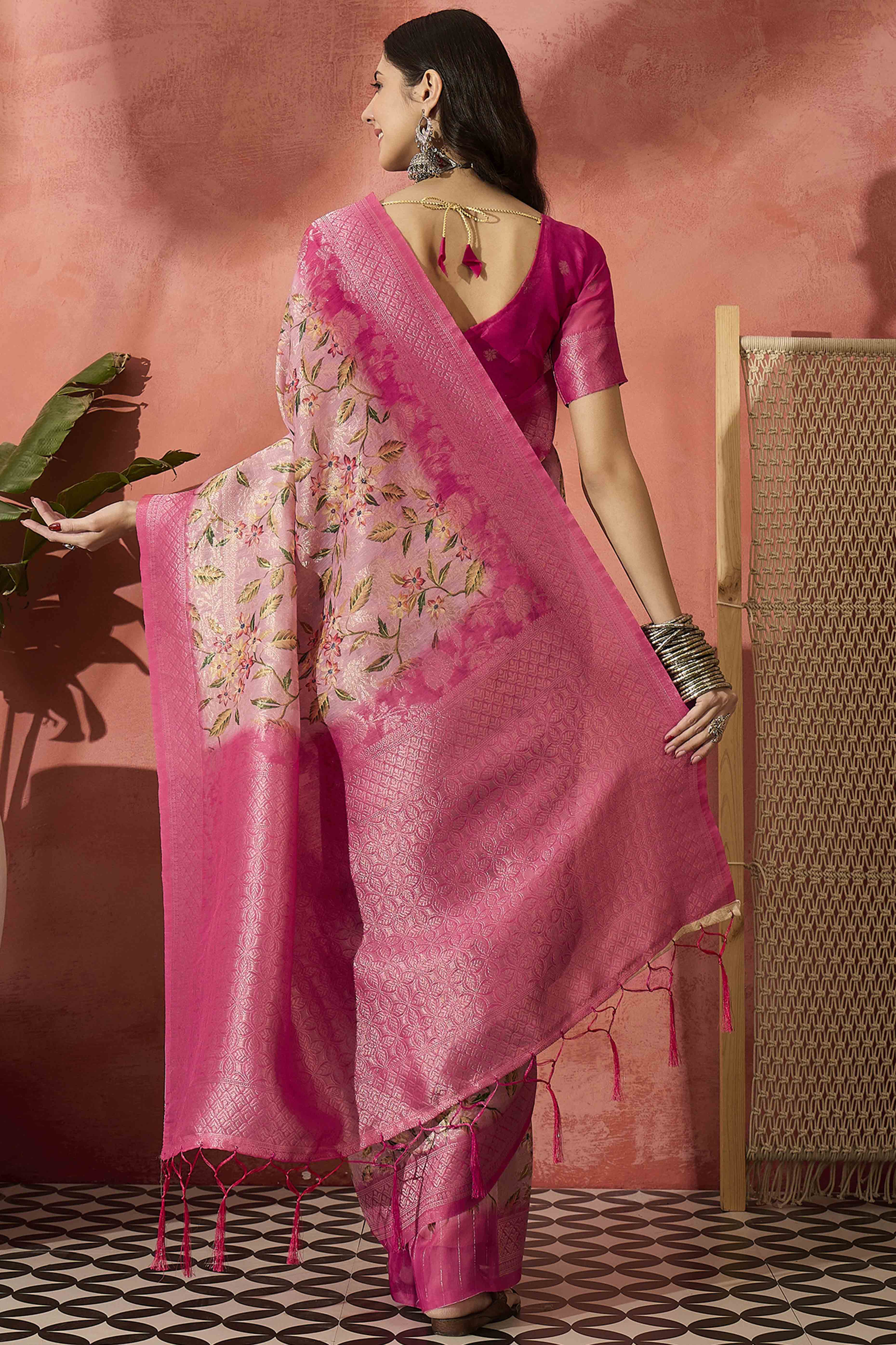 Pink Saree In Poly Cotton Featuring Intricate Floral Zari Weaving & Tassel Accents