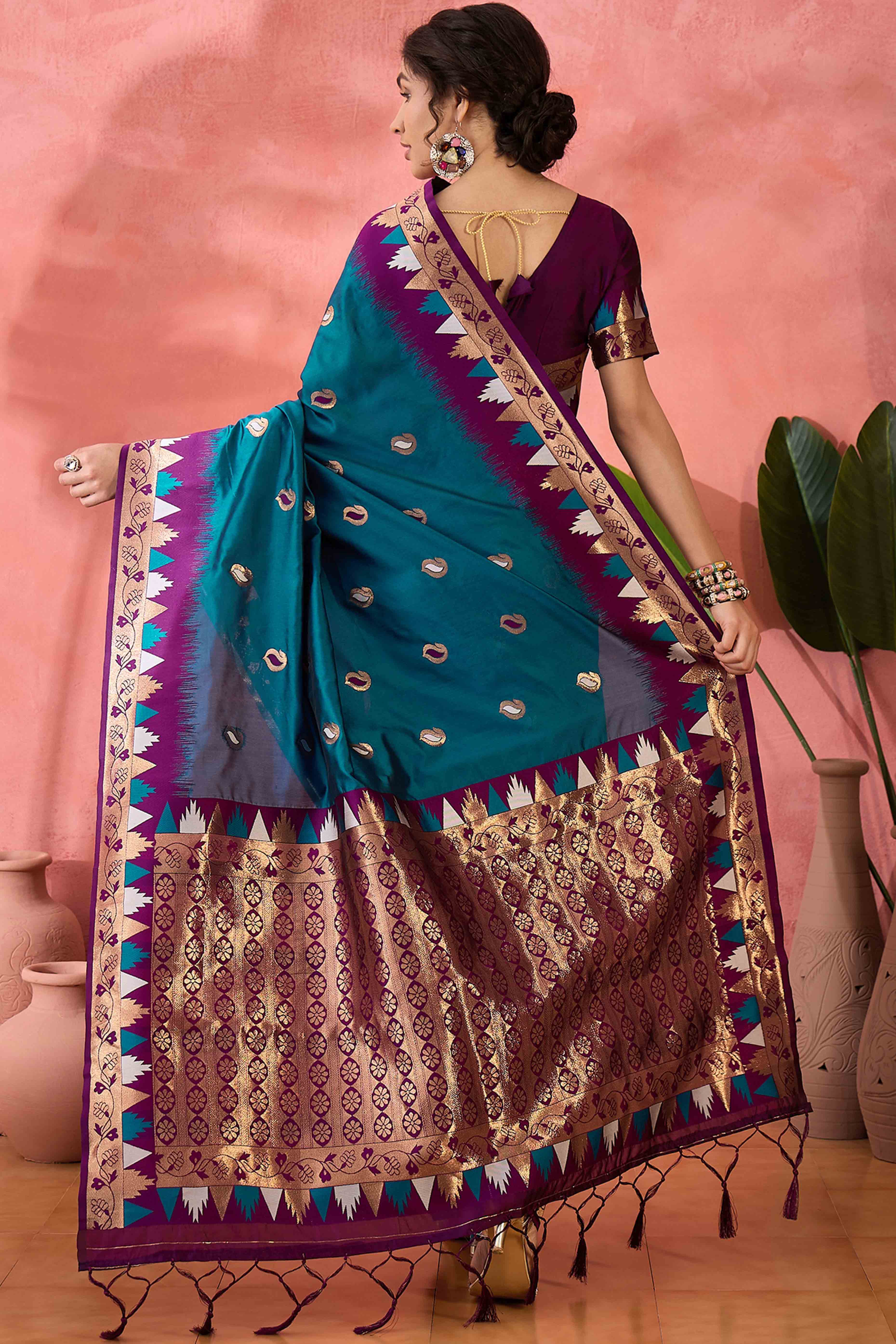 Morpich Blue Zari Woven Poly Silk Saree Enhanced With Graceful Tassel Detailing