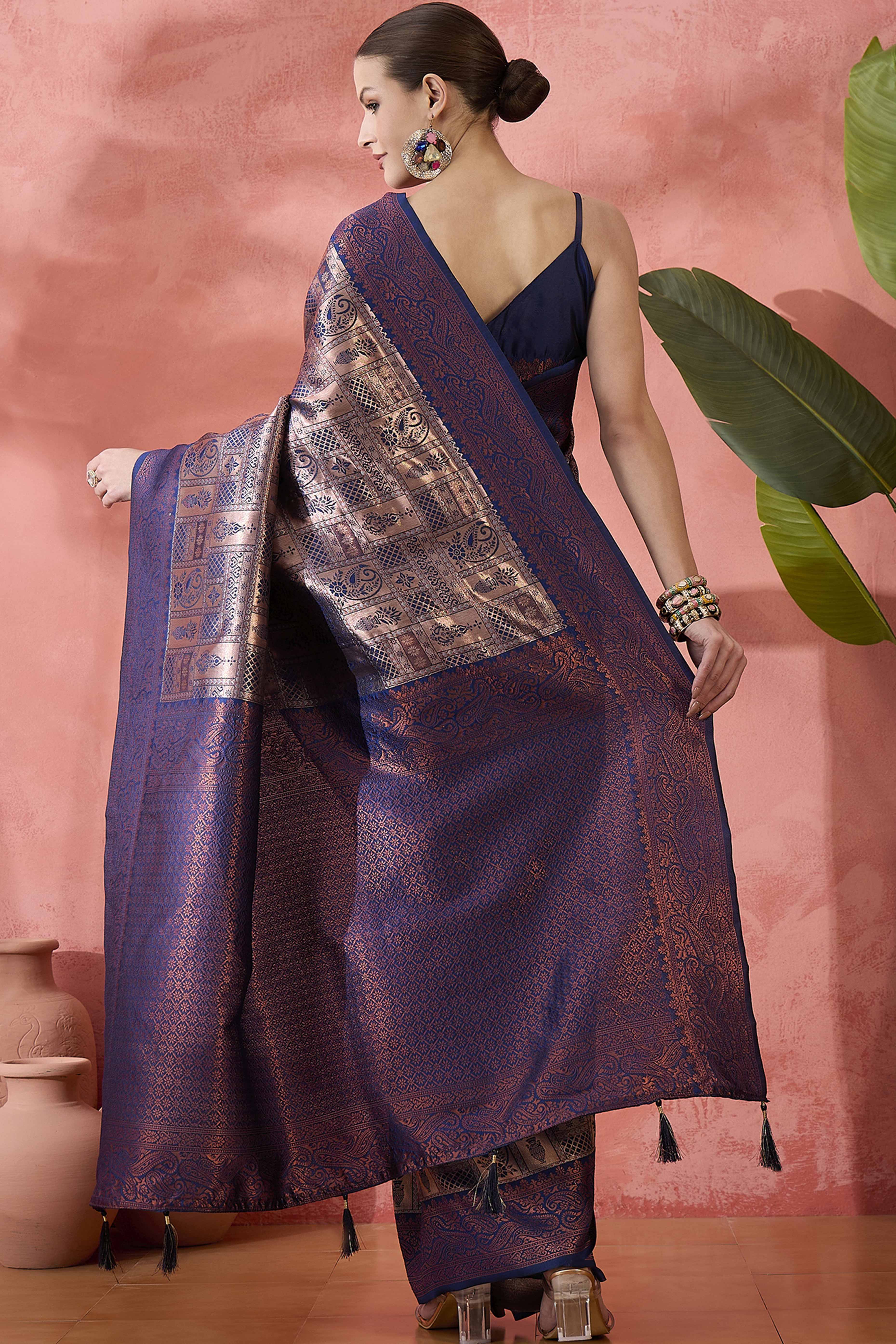 Navy Blue Woven Poly Silk Blend Saree Featuring Floral & Paisley Motifs With Tassel Accents