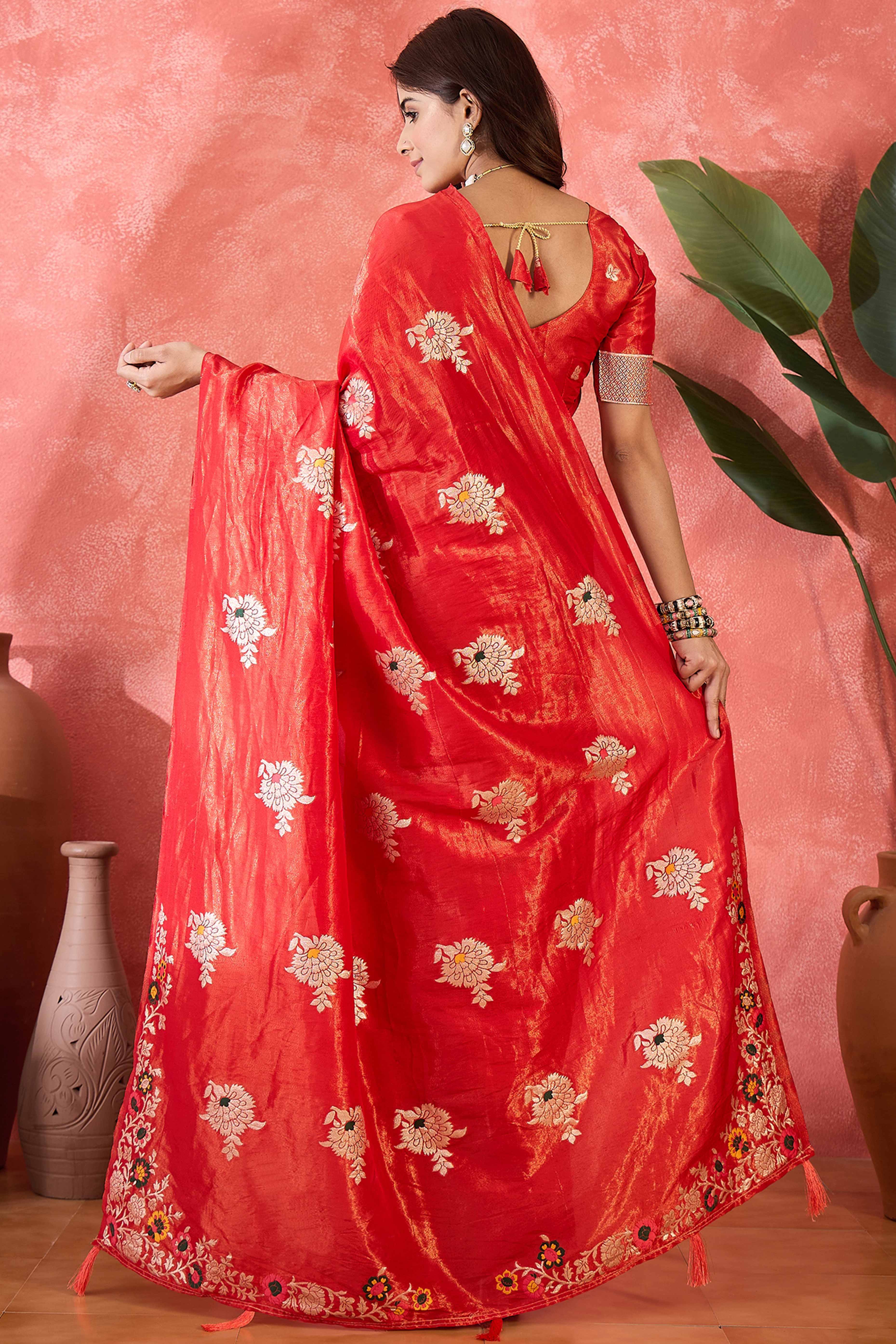 Cherry Red Shimmer Saree Featuring Intricate Floral Zari Weaving & Tassel Finish