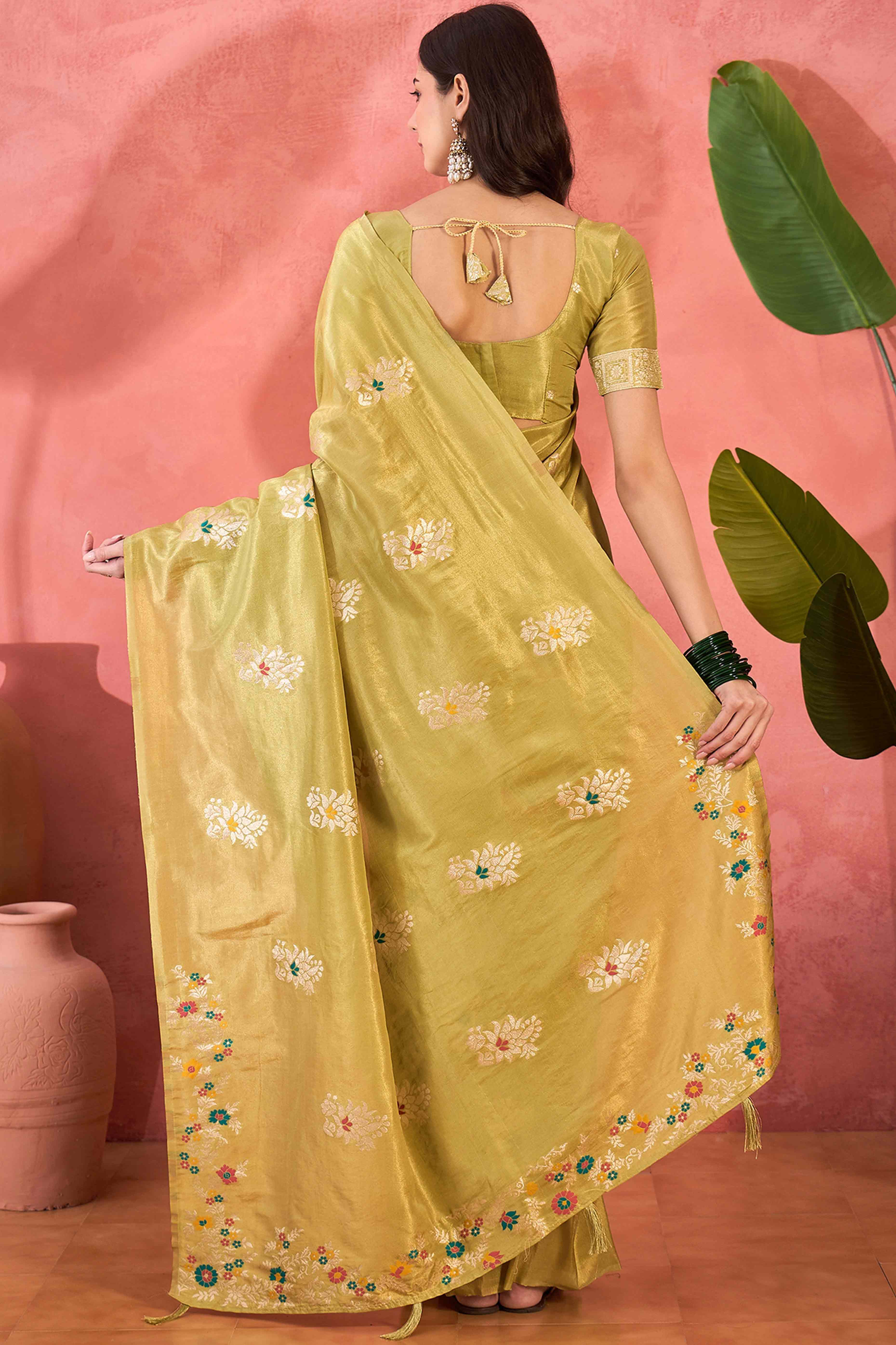 Lime Yellow Shimmer Saree Showcasing Floral Zari Weaving & A Tasselled Pallu