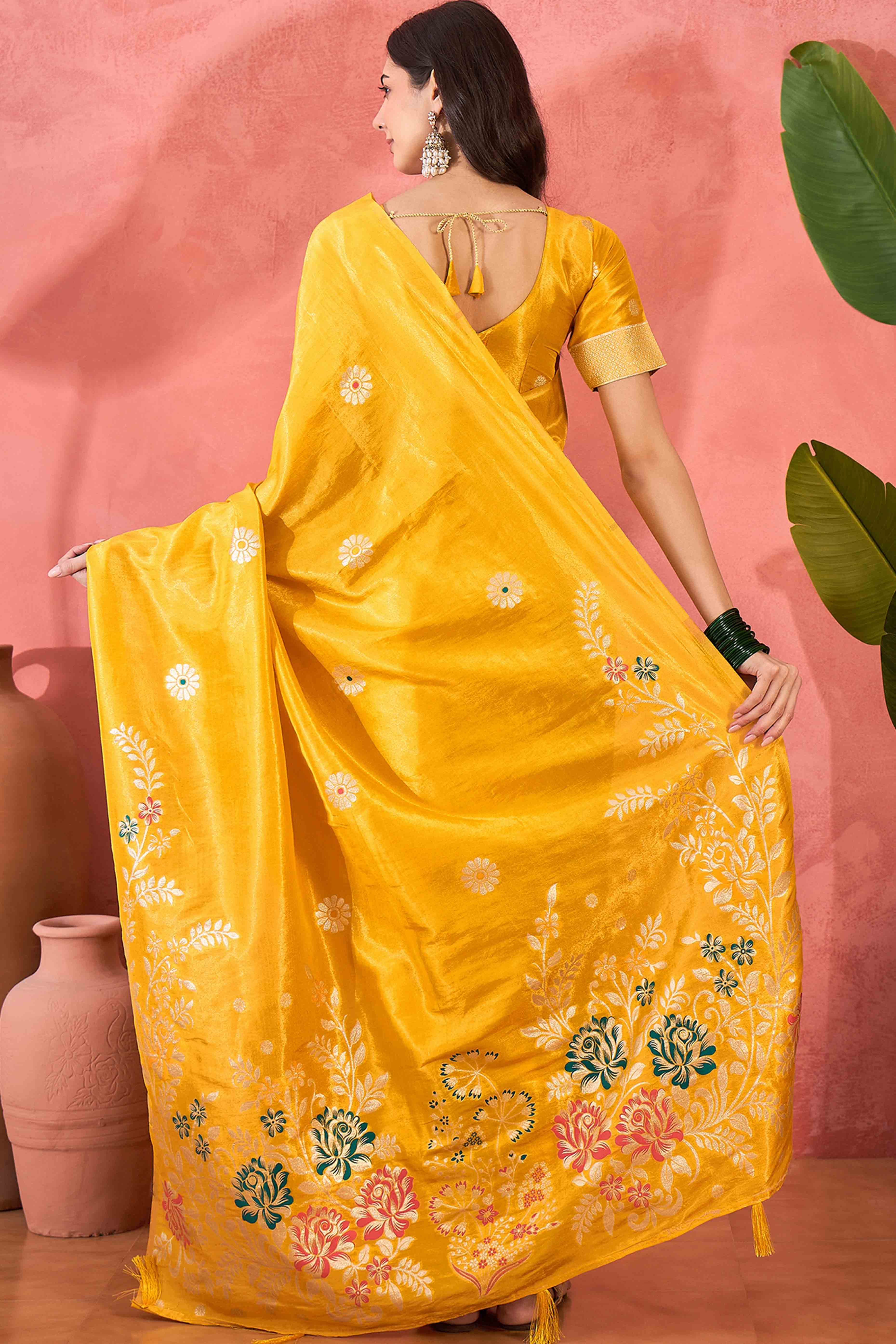 Yellow Shimmer Saree Adorned with Floral Zari Weaving & Tassel Pallu