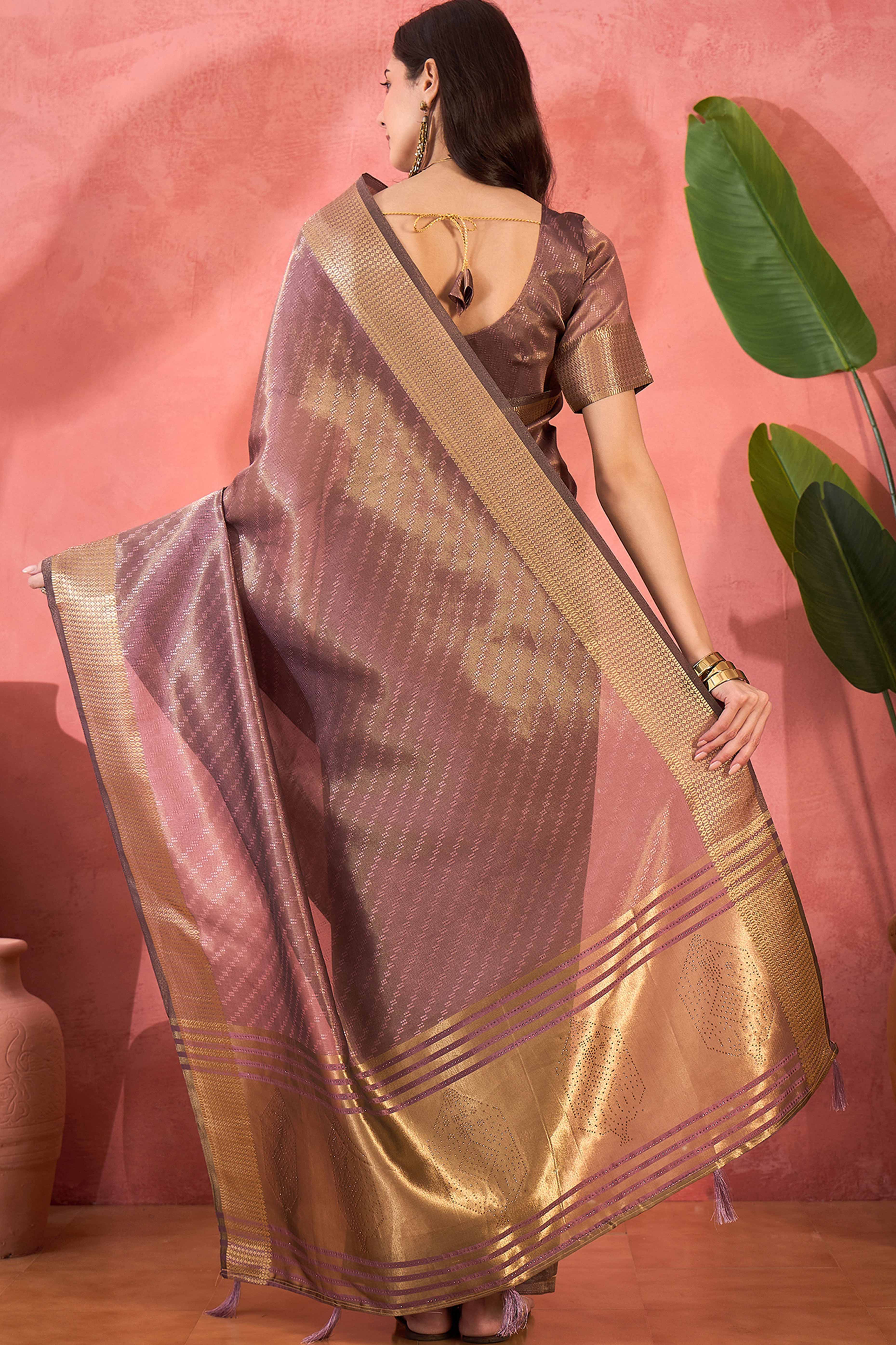 Dusty Rose Pink Khadi Organza Saree Intricate Weaving & Sparkling Stonework With Tassel Pallu