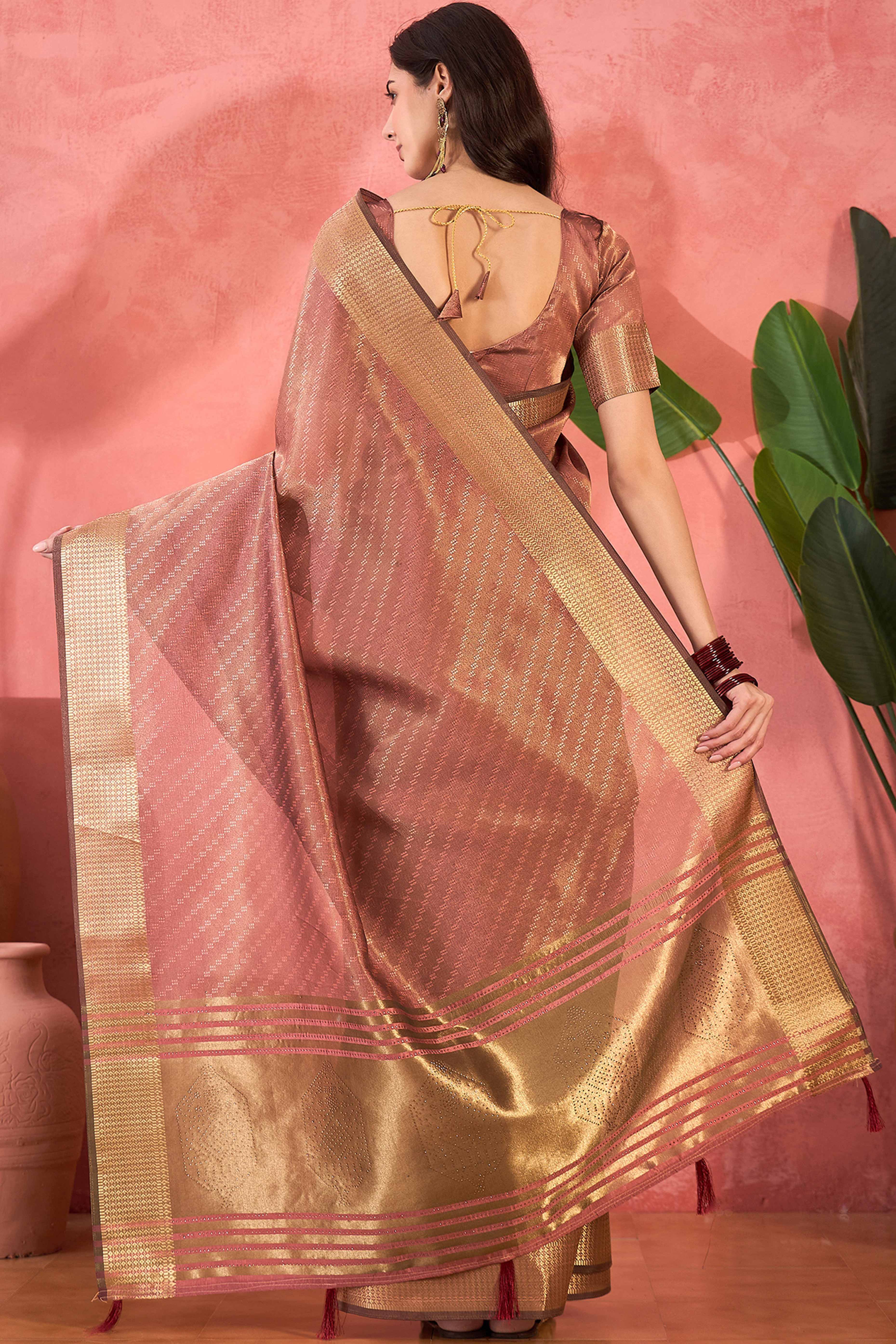 Mauve Khadi Organza Saree Intricate Weaving & Sparkling Stonework With Tassel Pallu