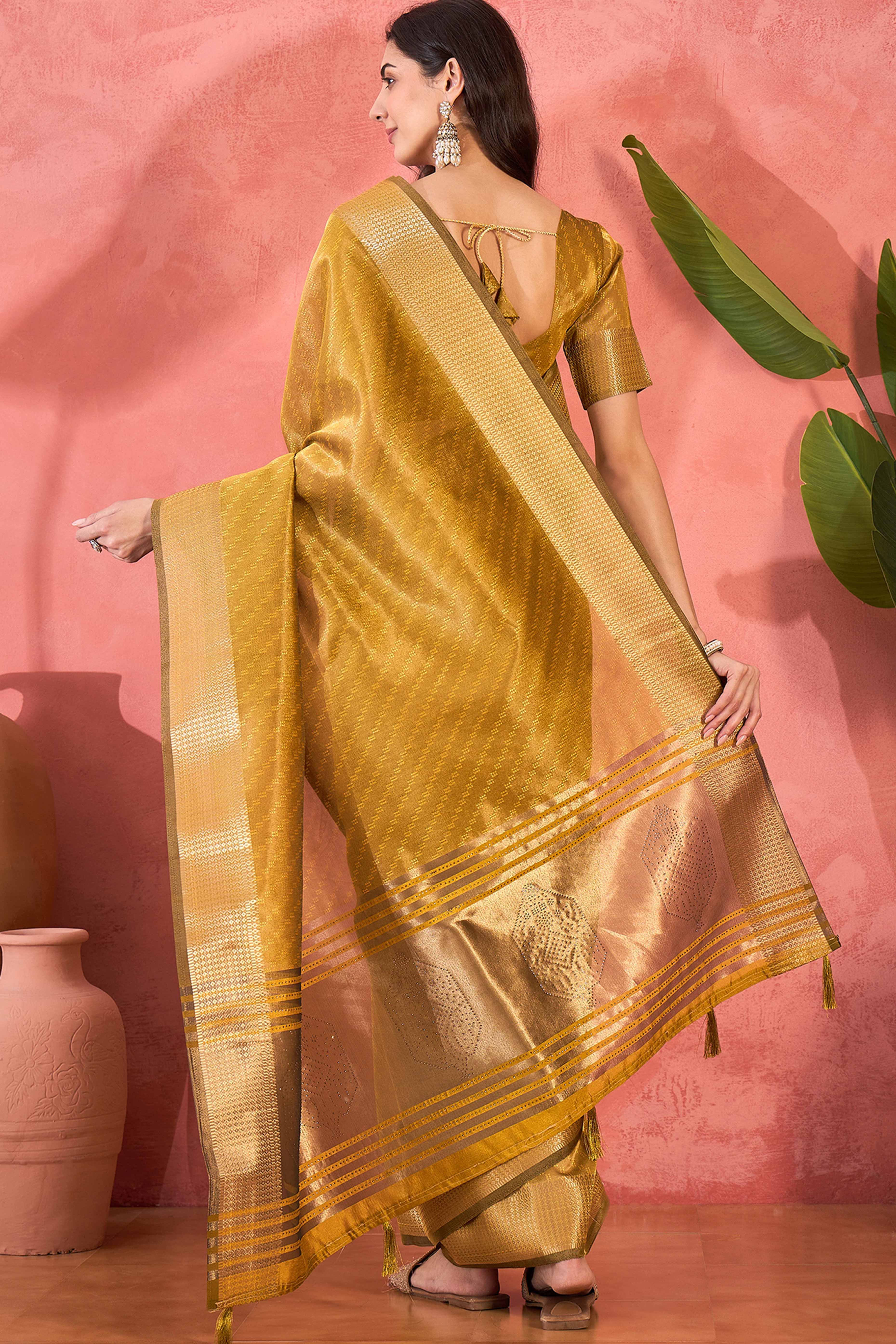Mustard Khadi Organza Saree Intricate Weaving & Sparkling Stonework With Tassel Pallu