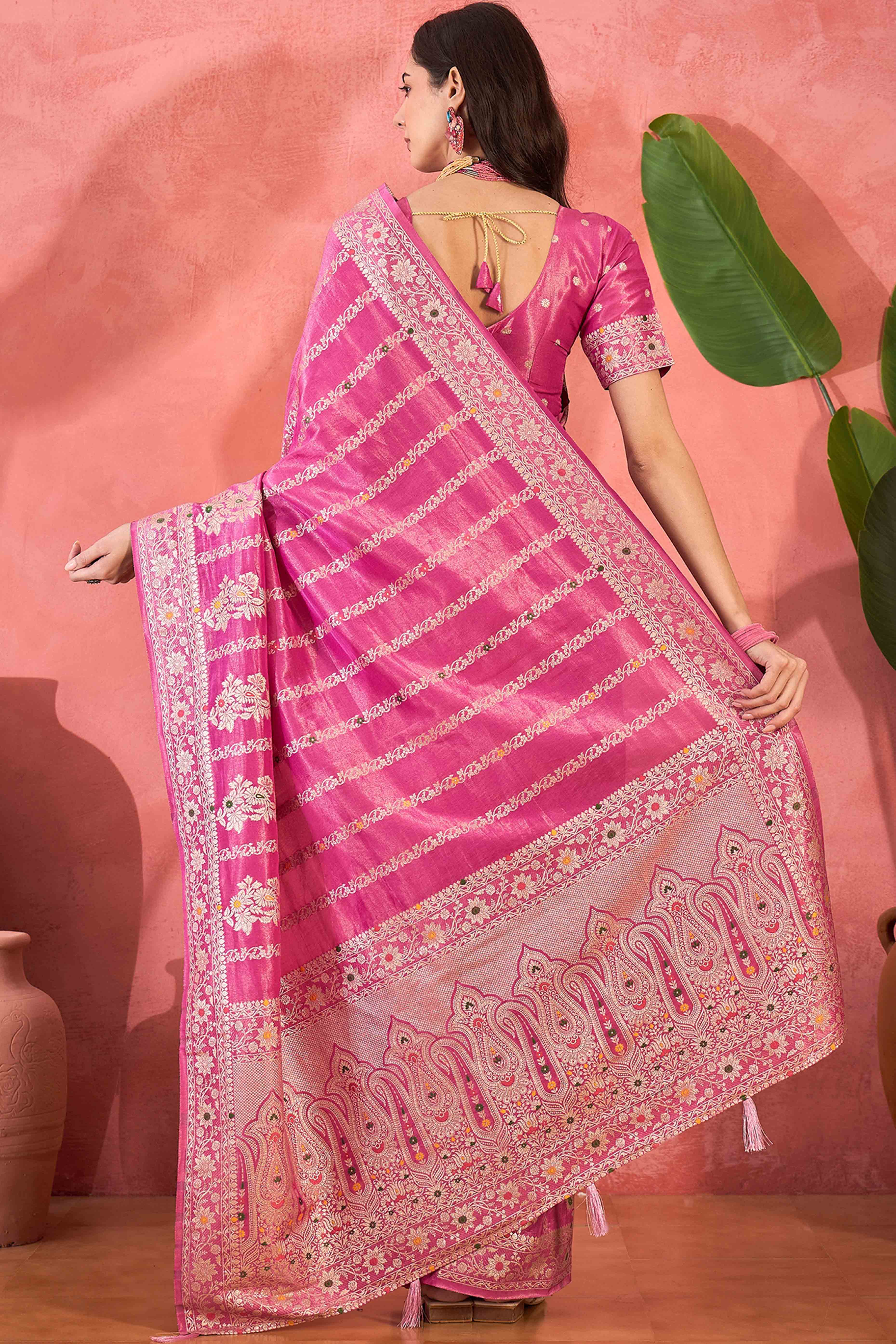 Floral Zari Woven Pink Saree In Shimmer Finish With Elegant Tassel Pallu